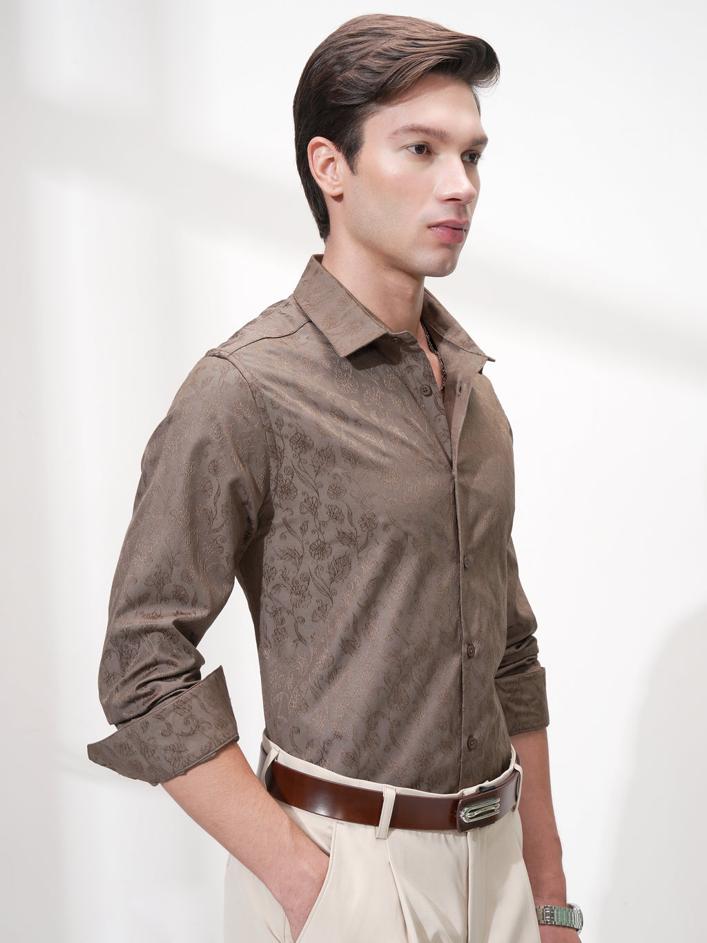 Highlander Men Brown Self Design Slim Fit Casual Shirt - Brown - Image 6
