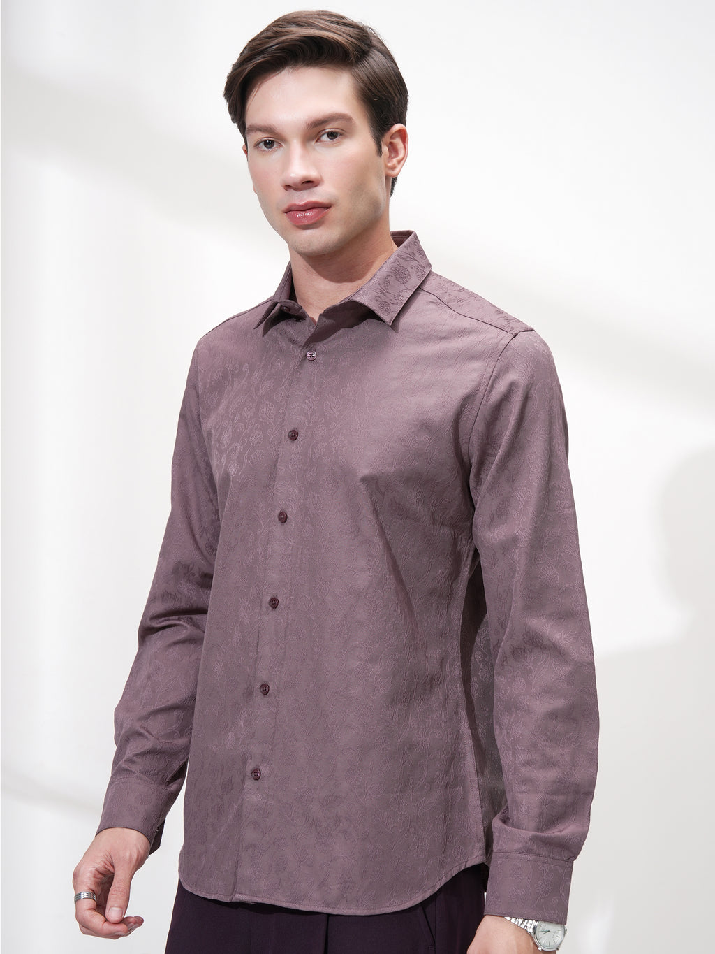 Highlander Men Purple Self Design Slim Fit Casual Shirt - Purple - Image 4
