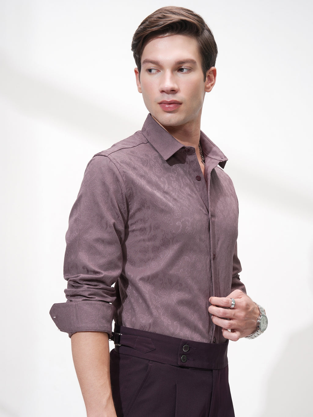 Highlander Men Purple Self Design Slim Fit Casual Shirt - Purple - Image 6