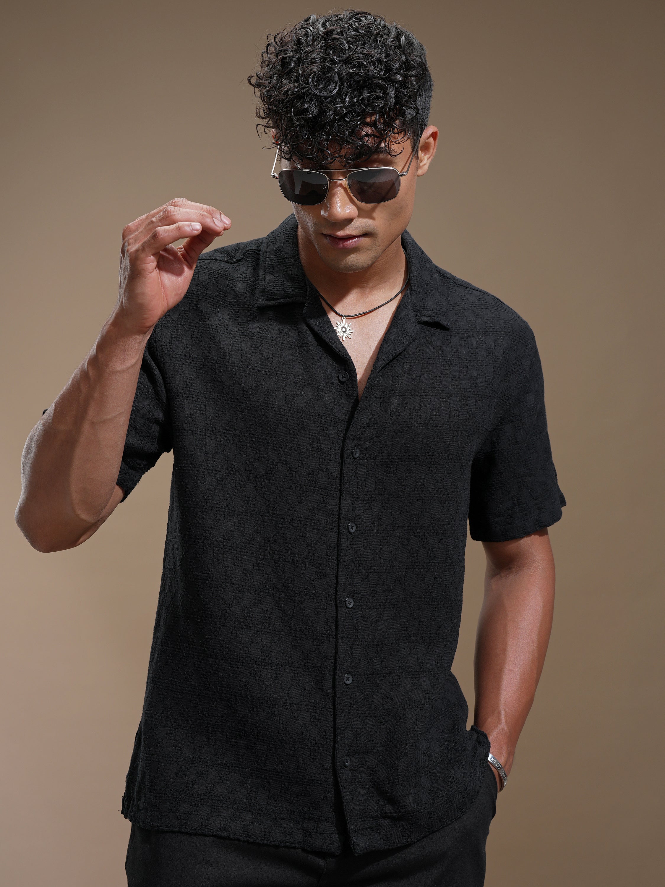 Highlander Men Black Self Design Relaxed Fit Casual Shirt - Black - Image 4