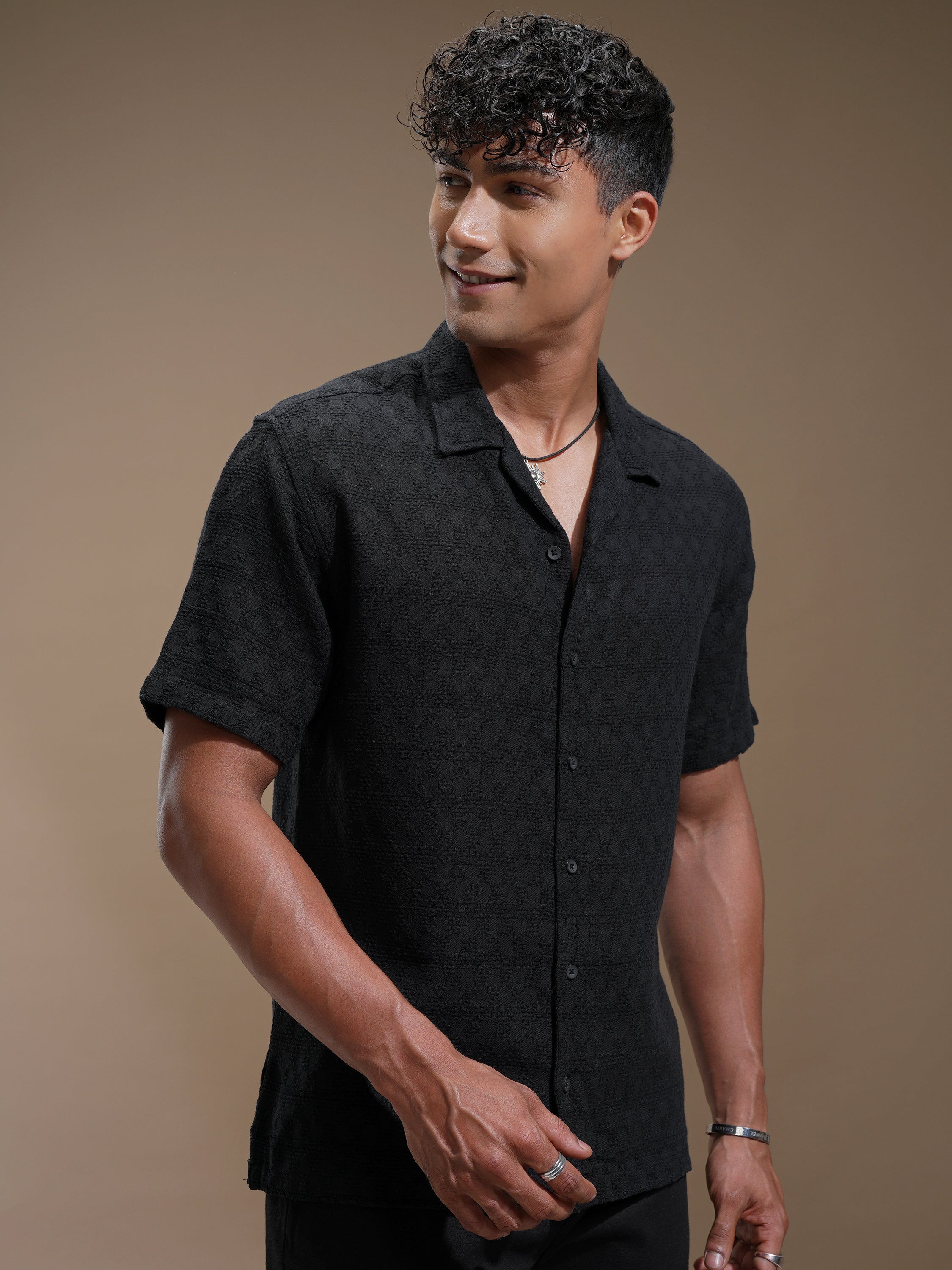 Highlander Men Black Self Design Relaxed Fit Casual Shirt - Black - Image 6