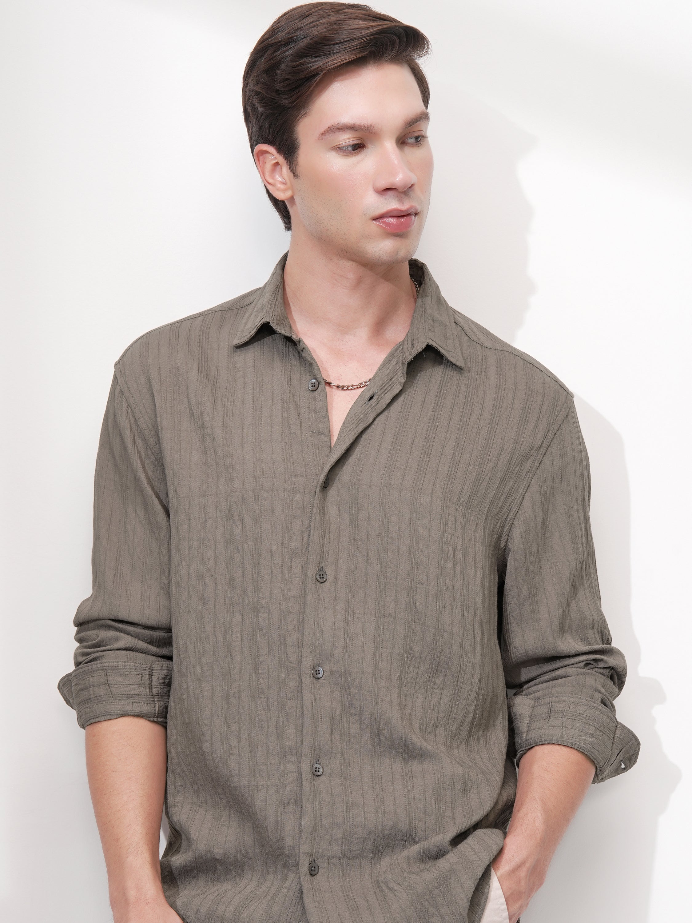 Highlander Men Tan Striped Relaxed Fit Casual Shirt - Tan - Image 1