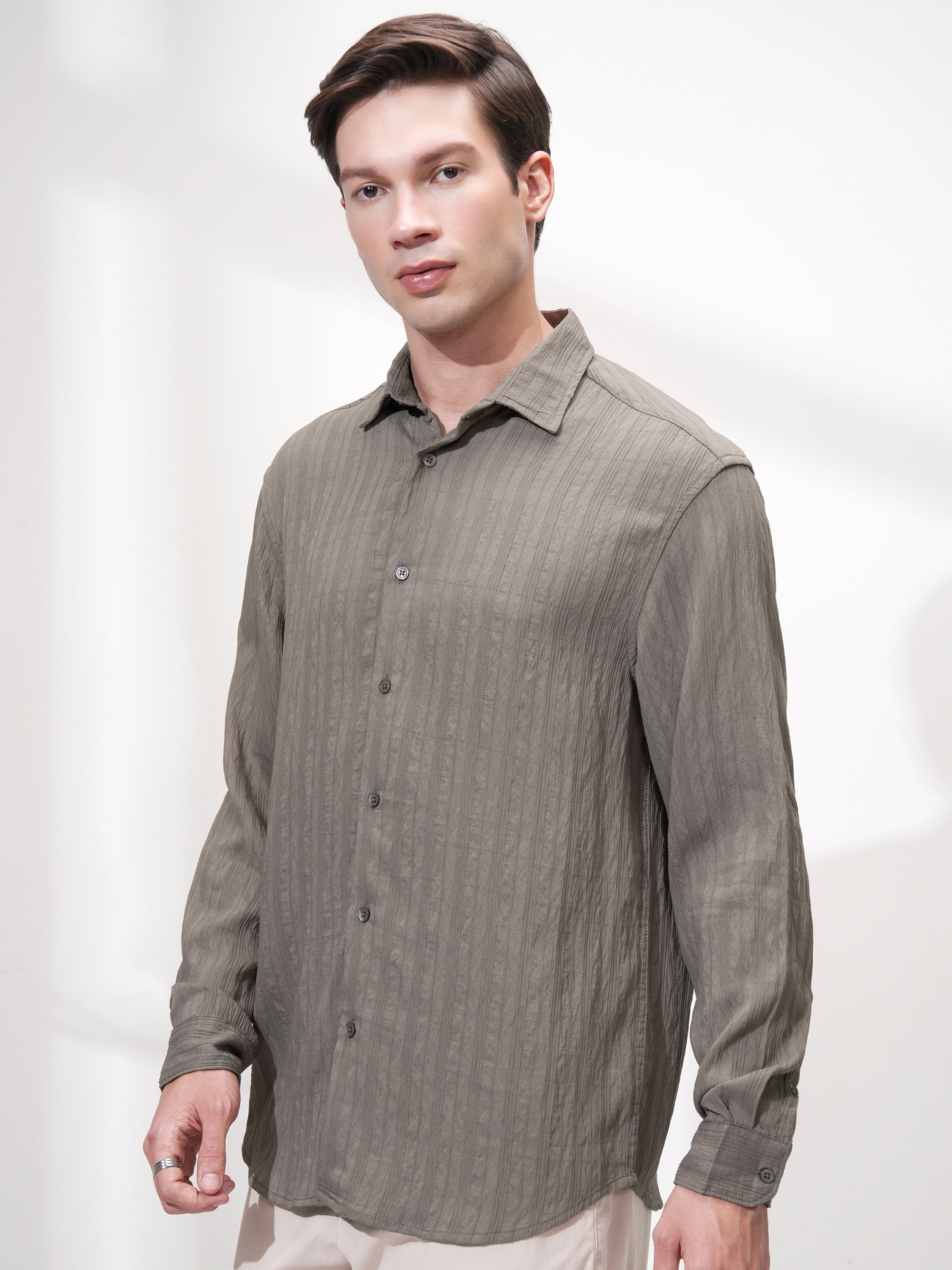 Highlander Men Tan Striped Relaxed Fit Casual Shirt - Tan - Image 4