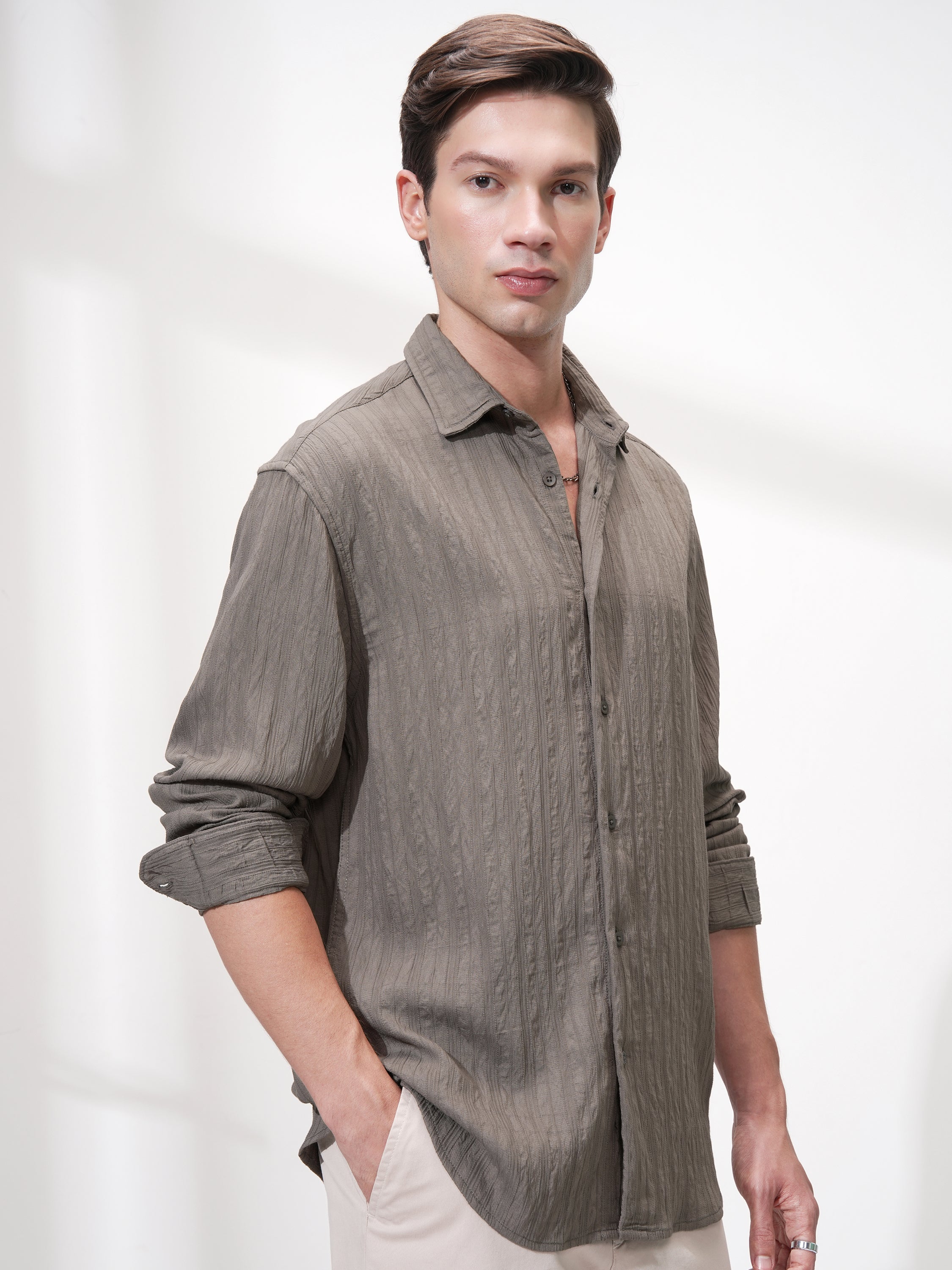 Highlander Men Tan Striped Relaxed Fit Casual Shirt - Tan - Image 6