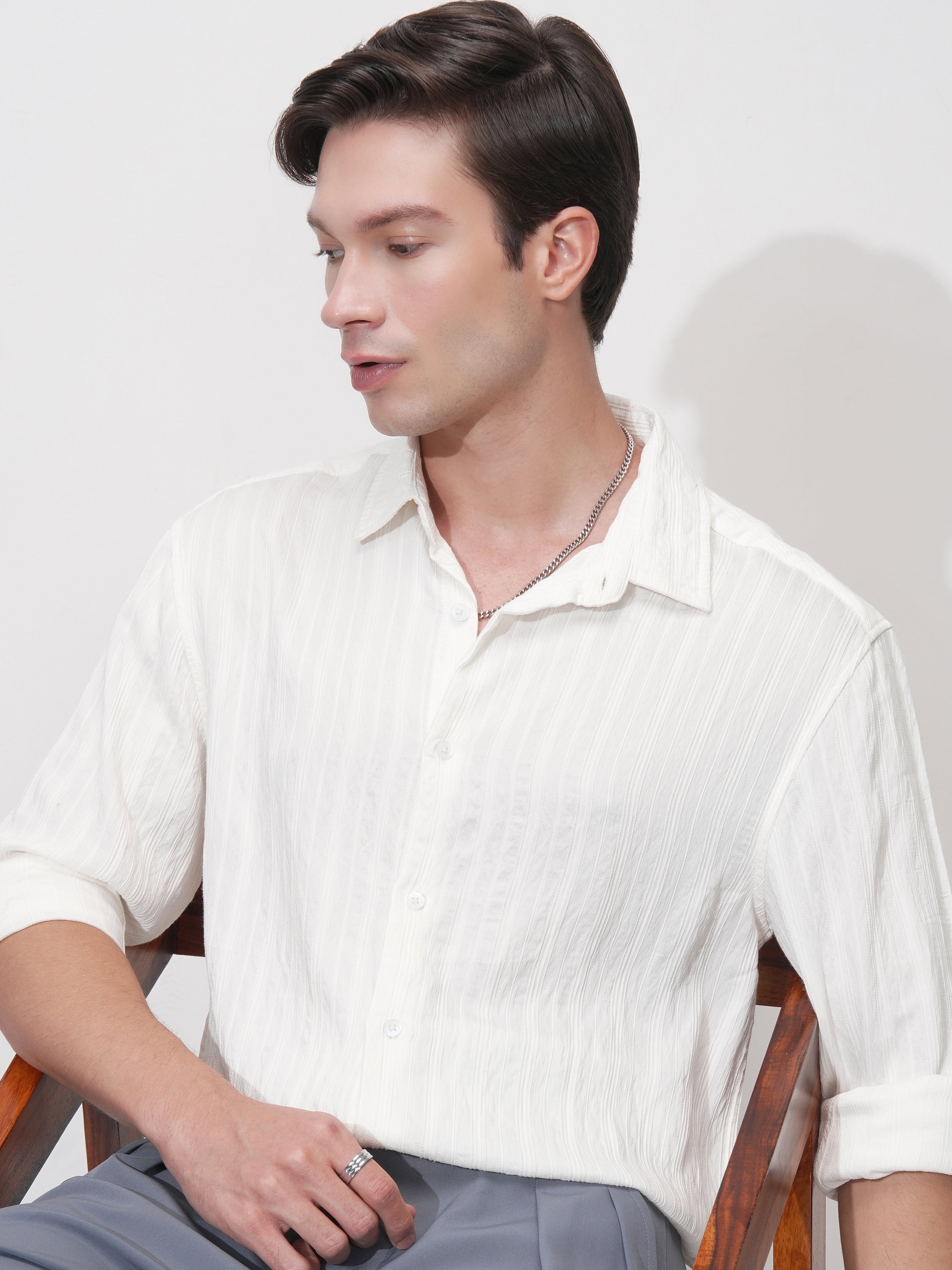 Highlander Men White Striped Relaxed Fit Casual Shirt - White - Image 1