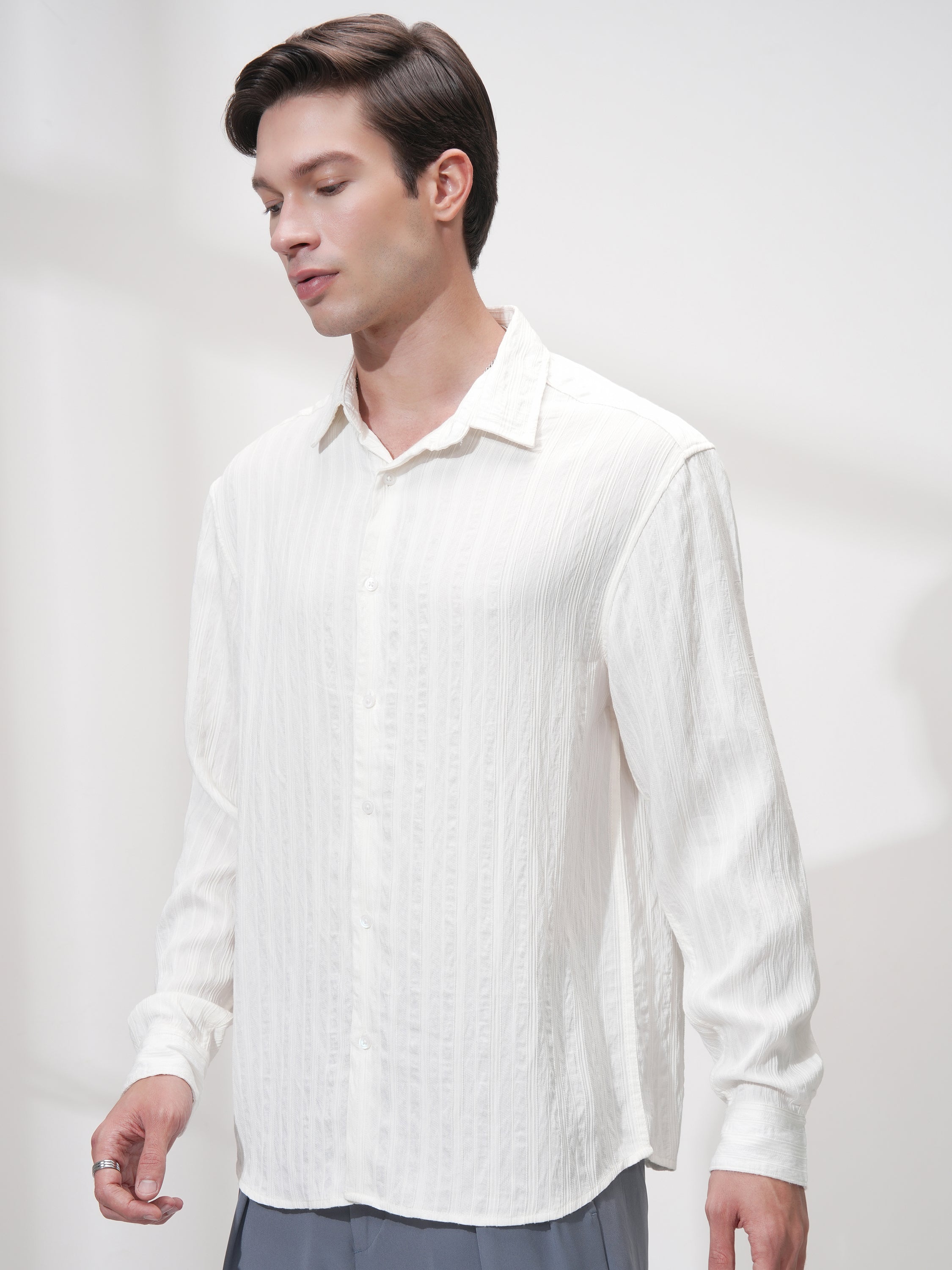 Highlander Men White Striped Relaxed Fit Casual Shirt - White - Image 4