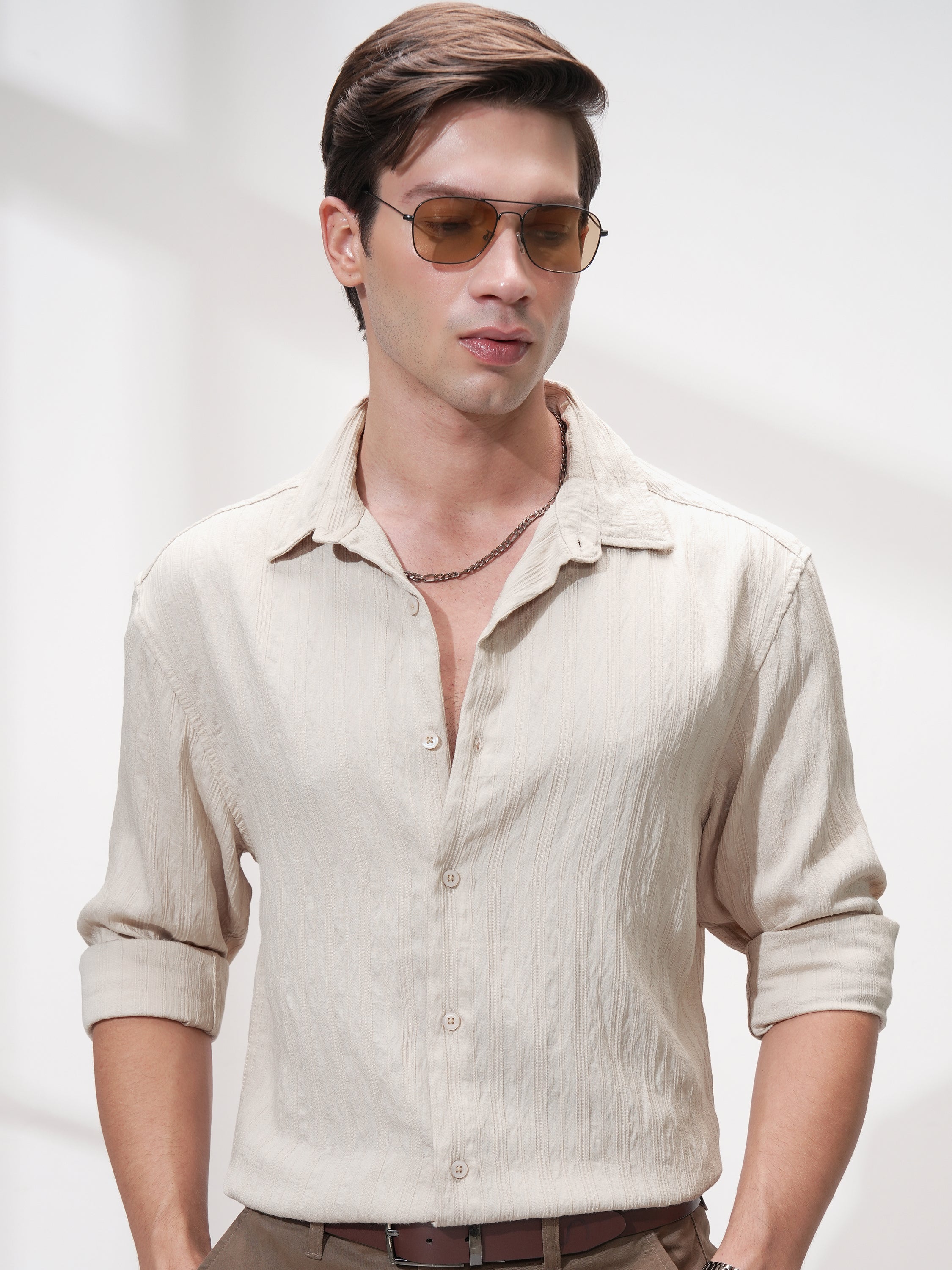 Highlander Men Cream Striped Relaxed Fit Casual Shirt - Cream - Image 1