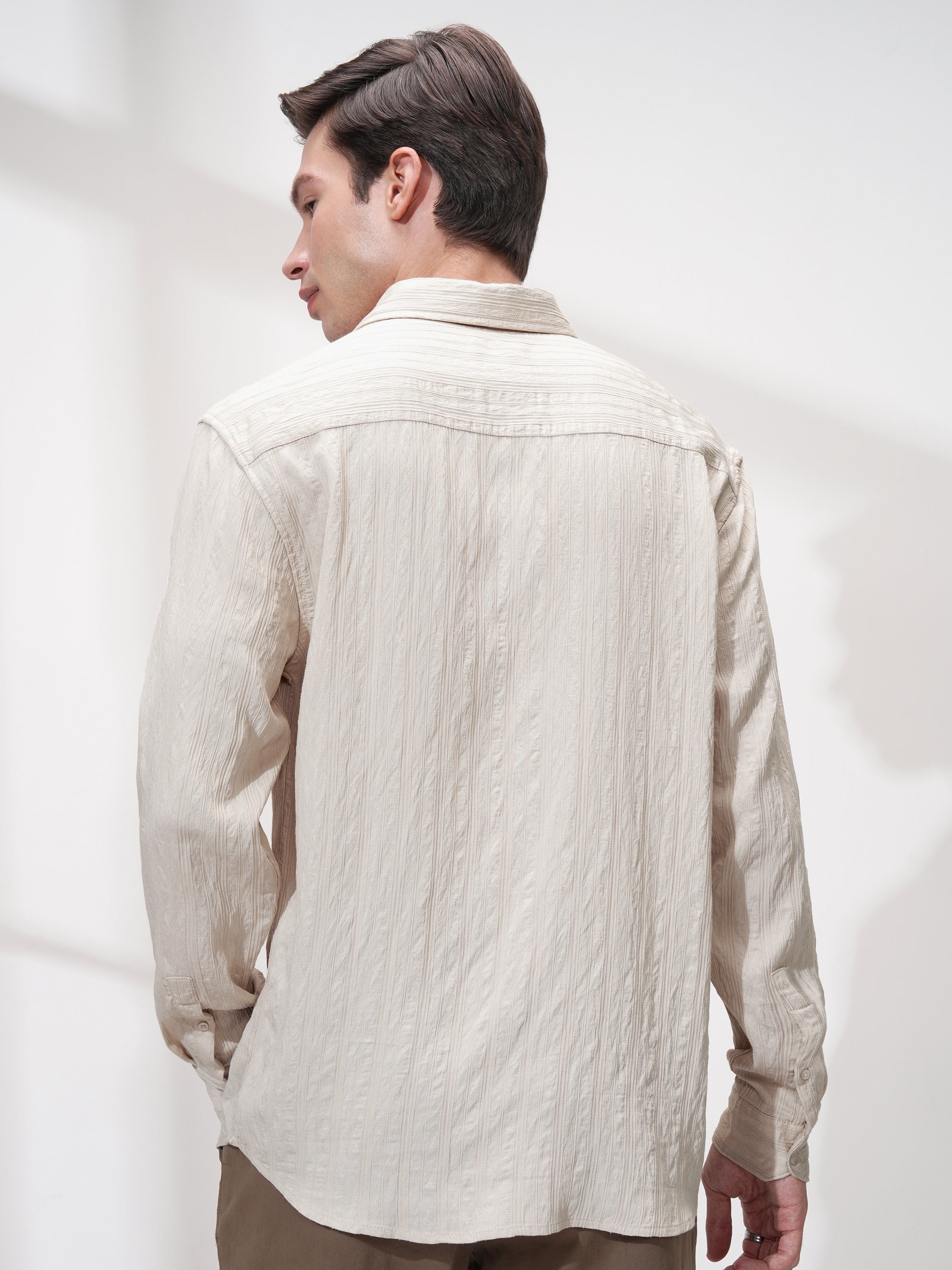Highlander Men Cream Striped Relaxed Fit Casual Shirt - Cream - Image 3