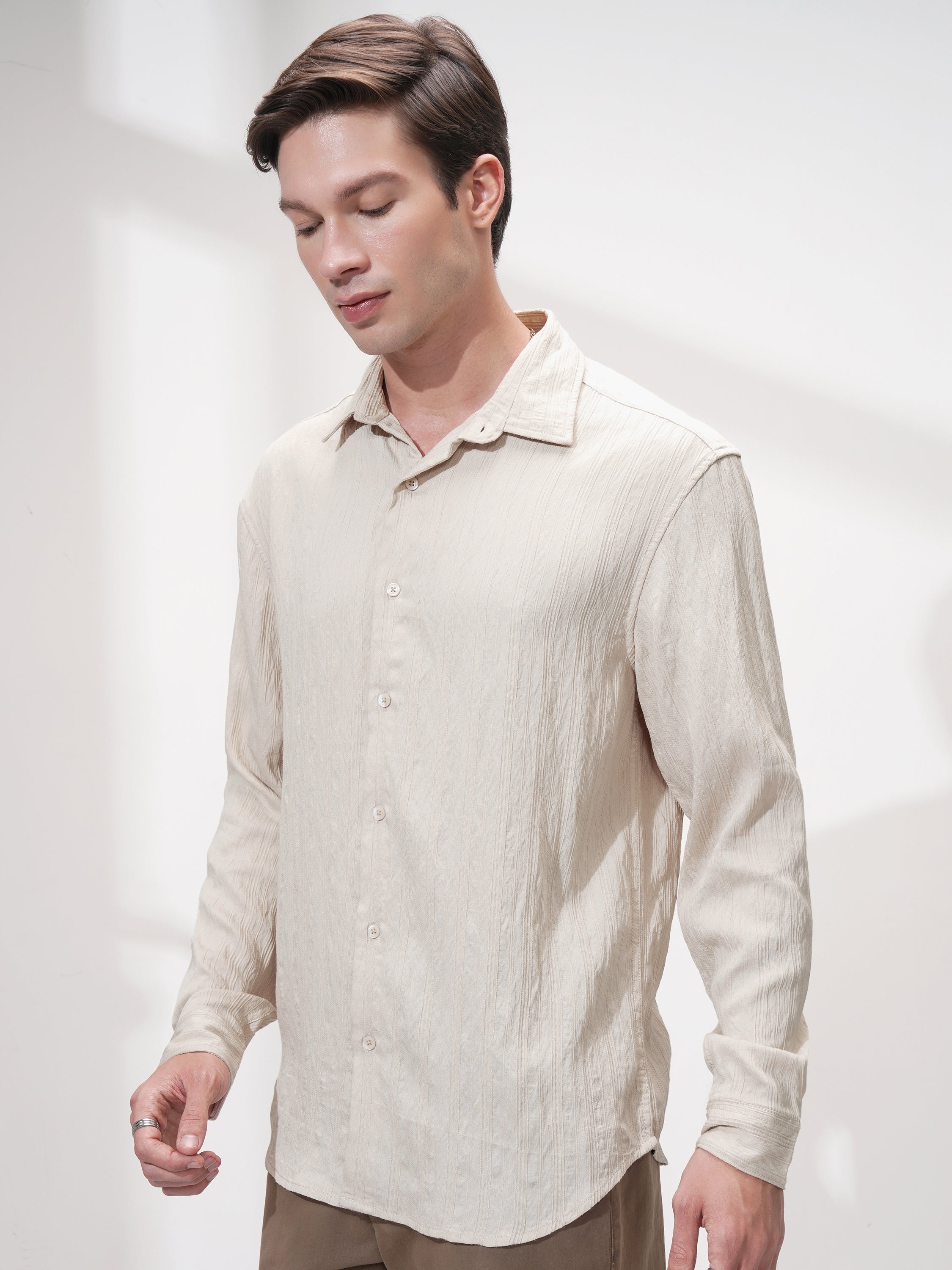 Highlander Men Cream Striped Relaxed Fit Casual Shirt - Cream - Image 4
