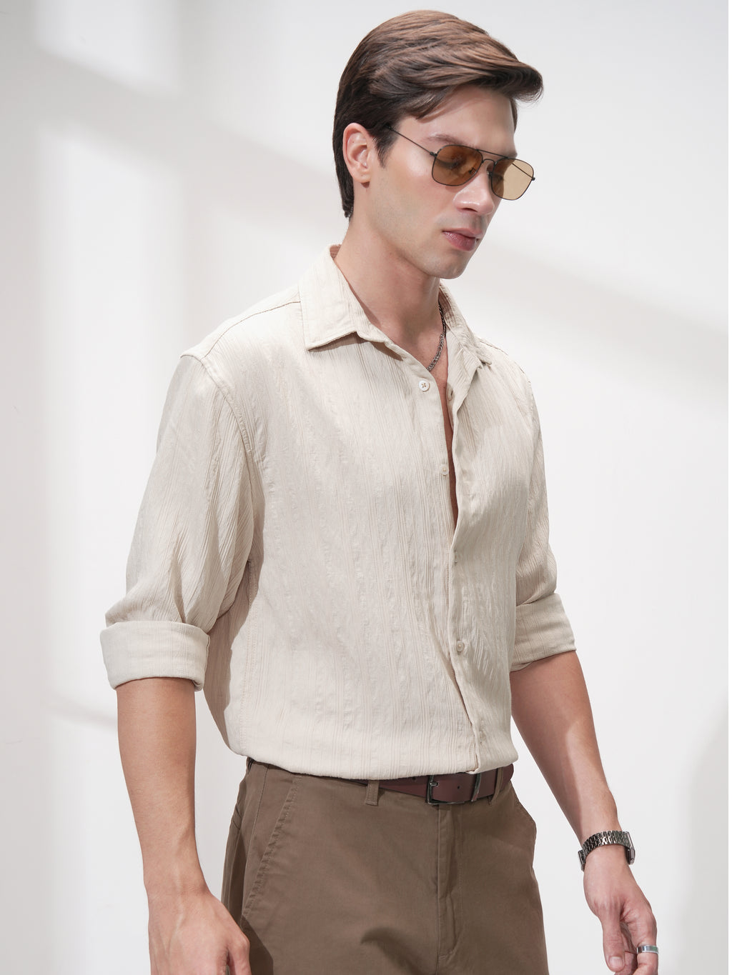 Highlander Men Cream Striped Relaxed Fit Casual Shirt - Cream - Image 6