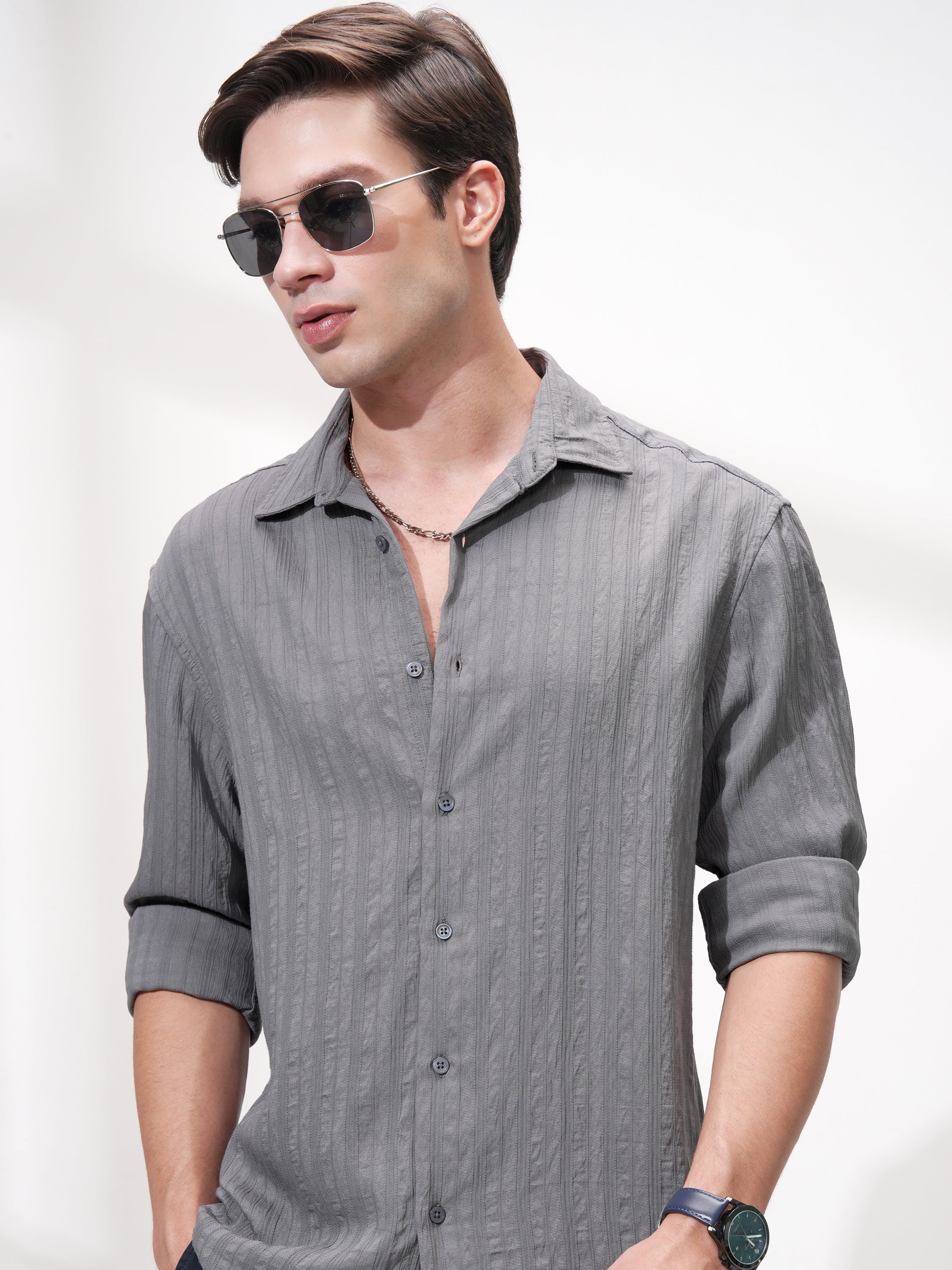 Highlander Men Grey Striped Relaxed Fit Casual Shirt - Grey - Image 1