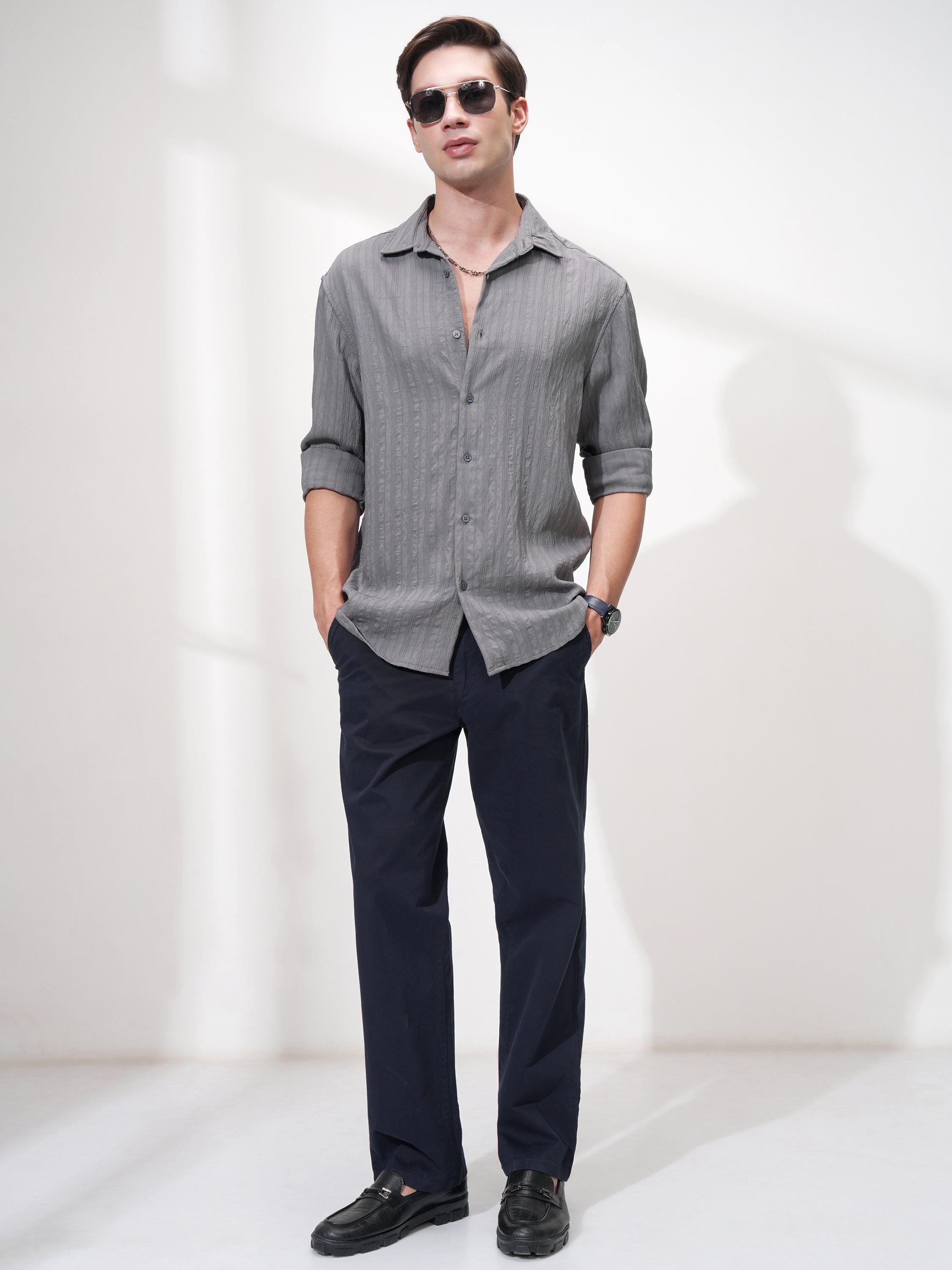 Highlander Men Grey Striped Relaxed Fit Casual Shirt - Grey - Image 2