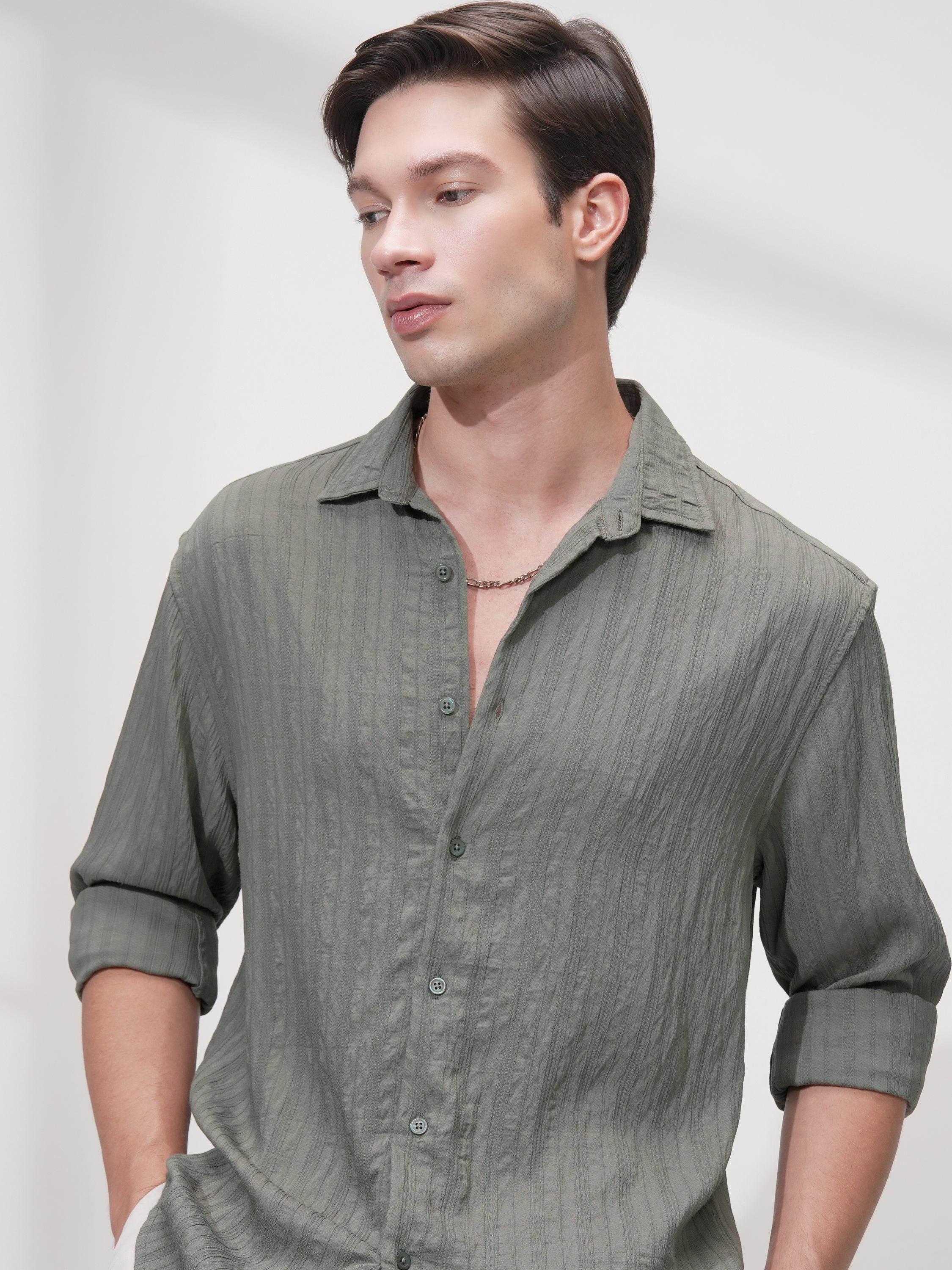 Highlander Men Olive Striped Relaxed Fit Casual Shirt - Olive - Image 1