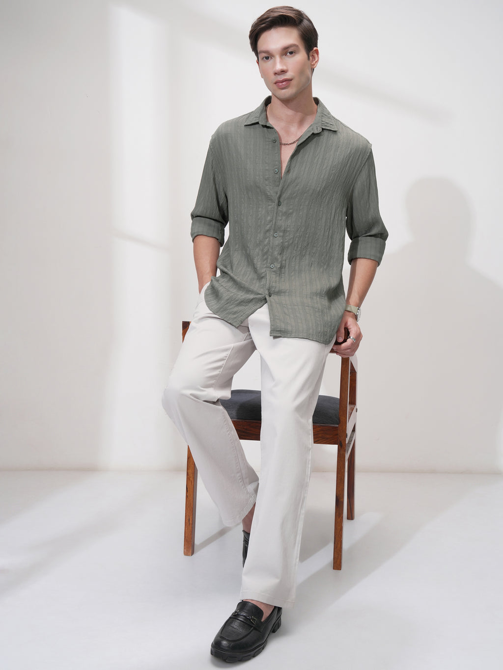 Highlander Men Olive Striped Relaxed Fit Casual Shirt - Olive - Image 2
