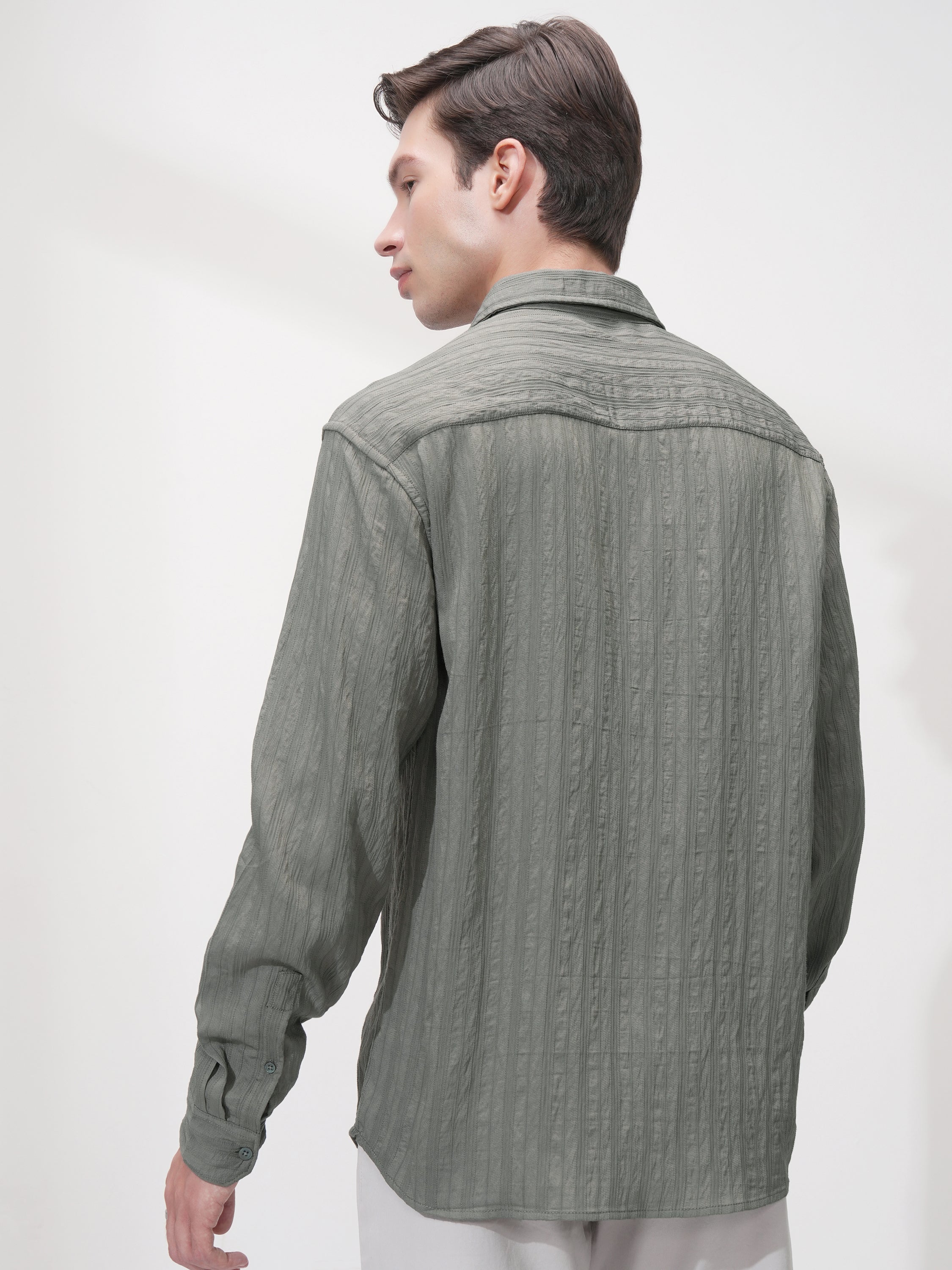 Highlander Men Olive Striped Relaxed Fit Casual Shirt - Olive - Image 3