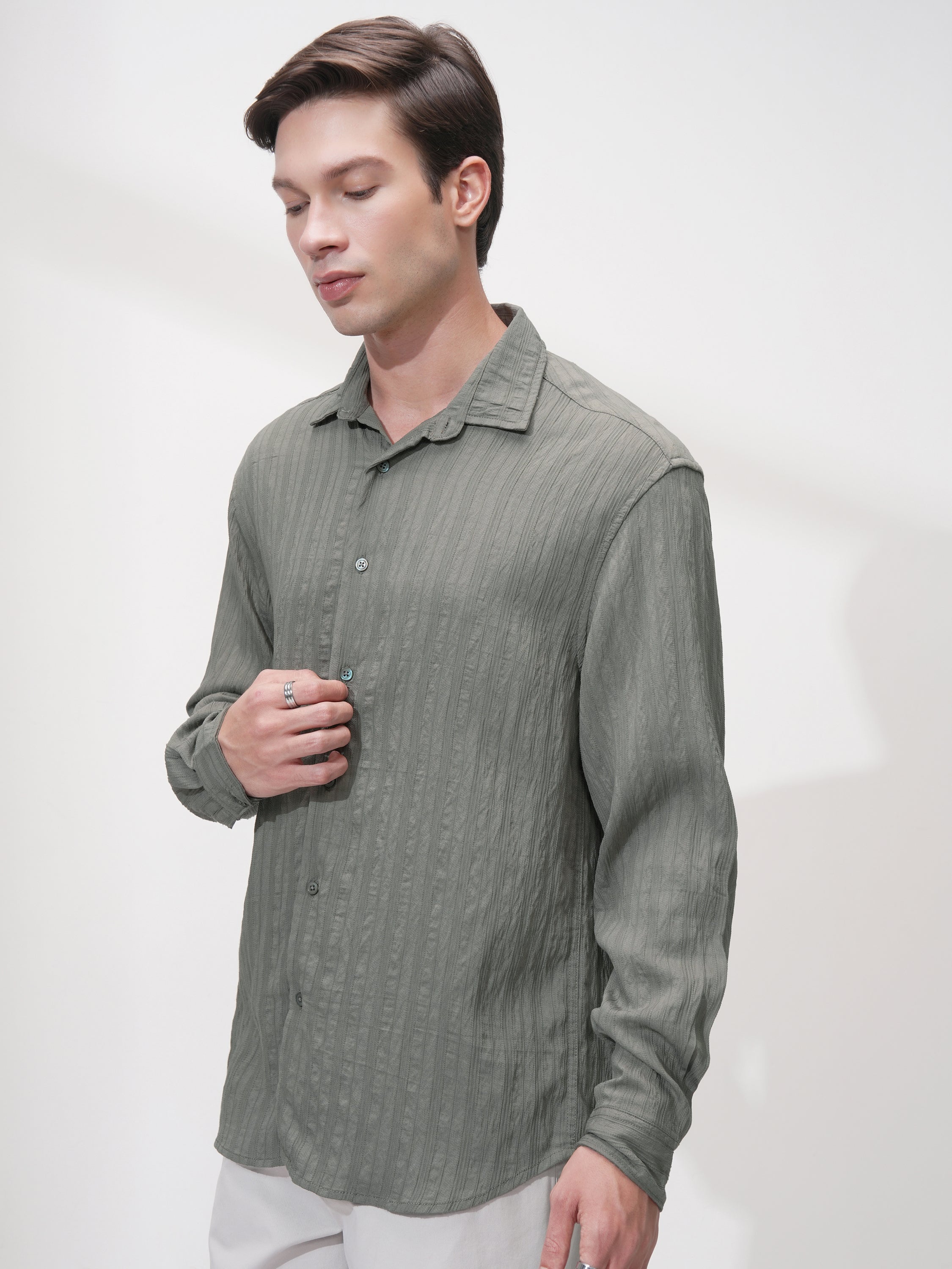 Highlander Men Olive Striped Relaxed Fit Casual Shirt - Olive - Image 4