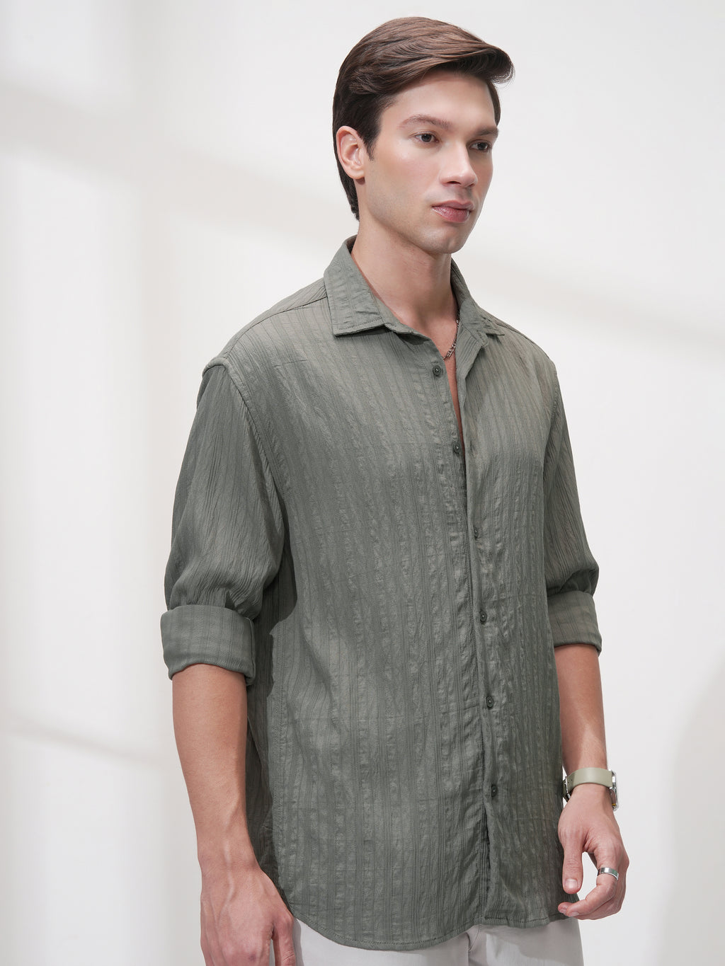 Highlander Men Olive Striped Relaxed Fit Casual Shirt - Olive - Image 6