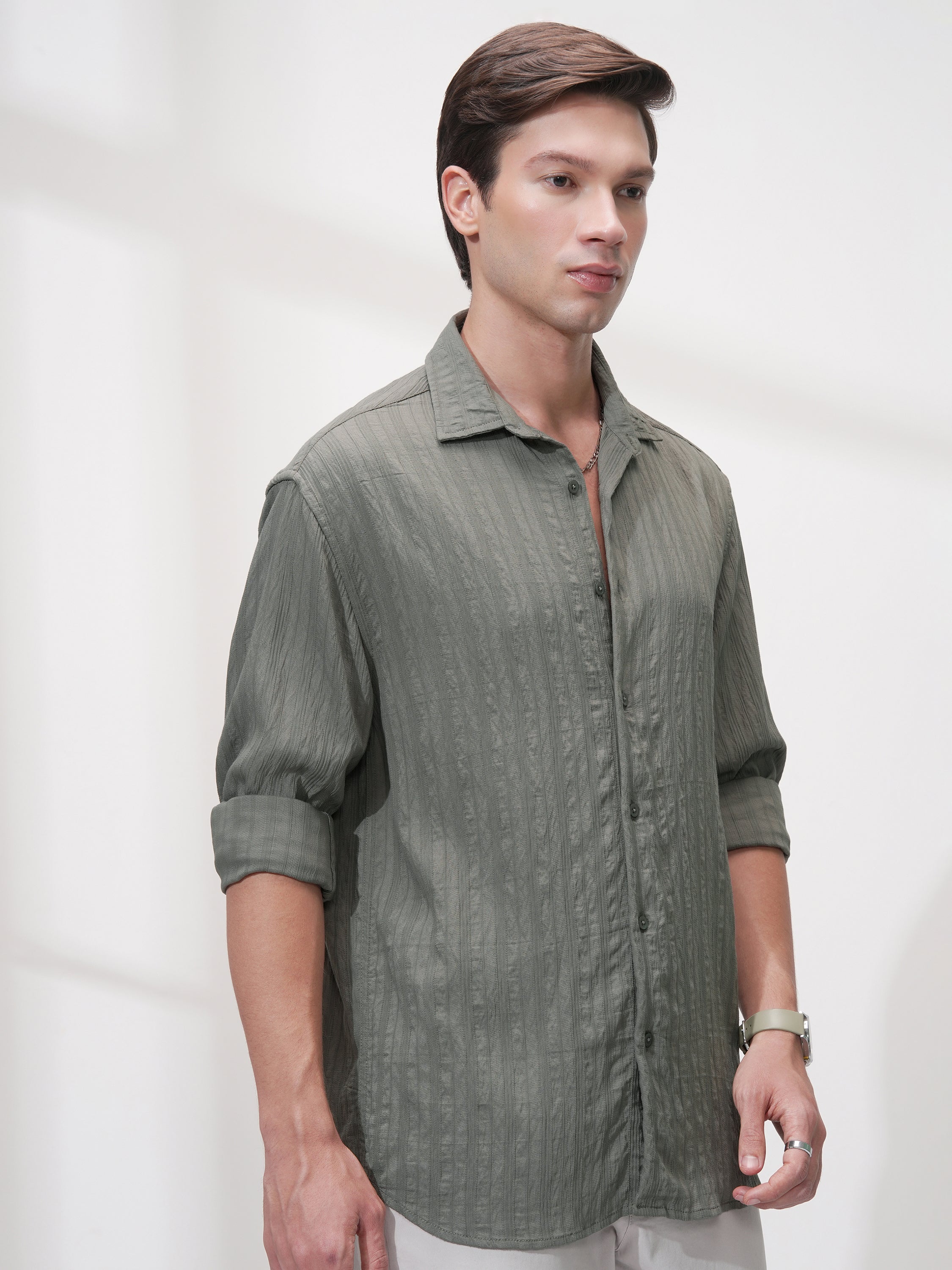 Highlander Men Olive Striped Relaxed Fit Casual Shirt - Olive - Image 6