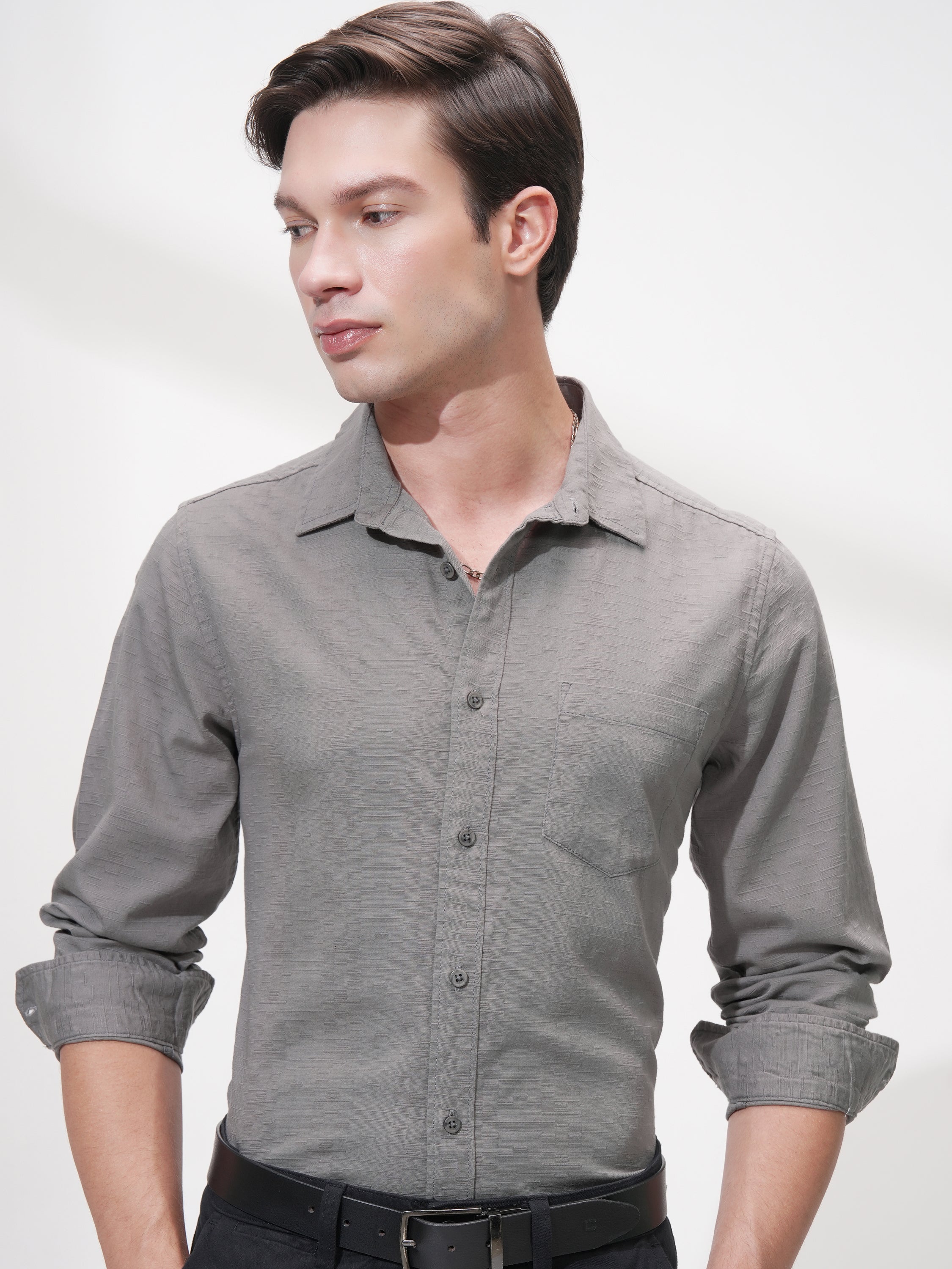 Highlander Men Grey Self Design Slim Fit Casual Shirt - Grey - Image 1