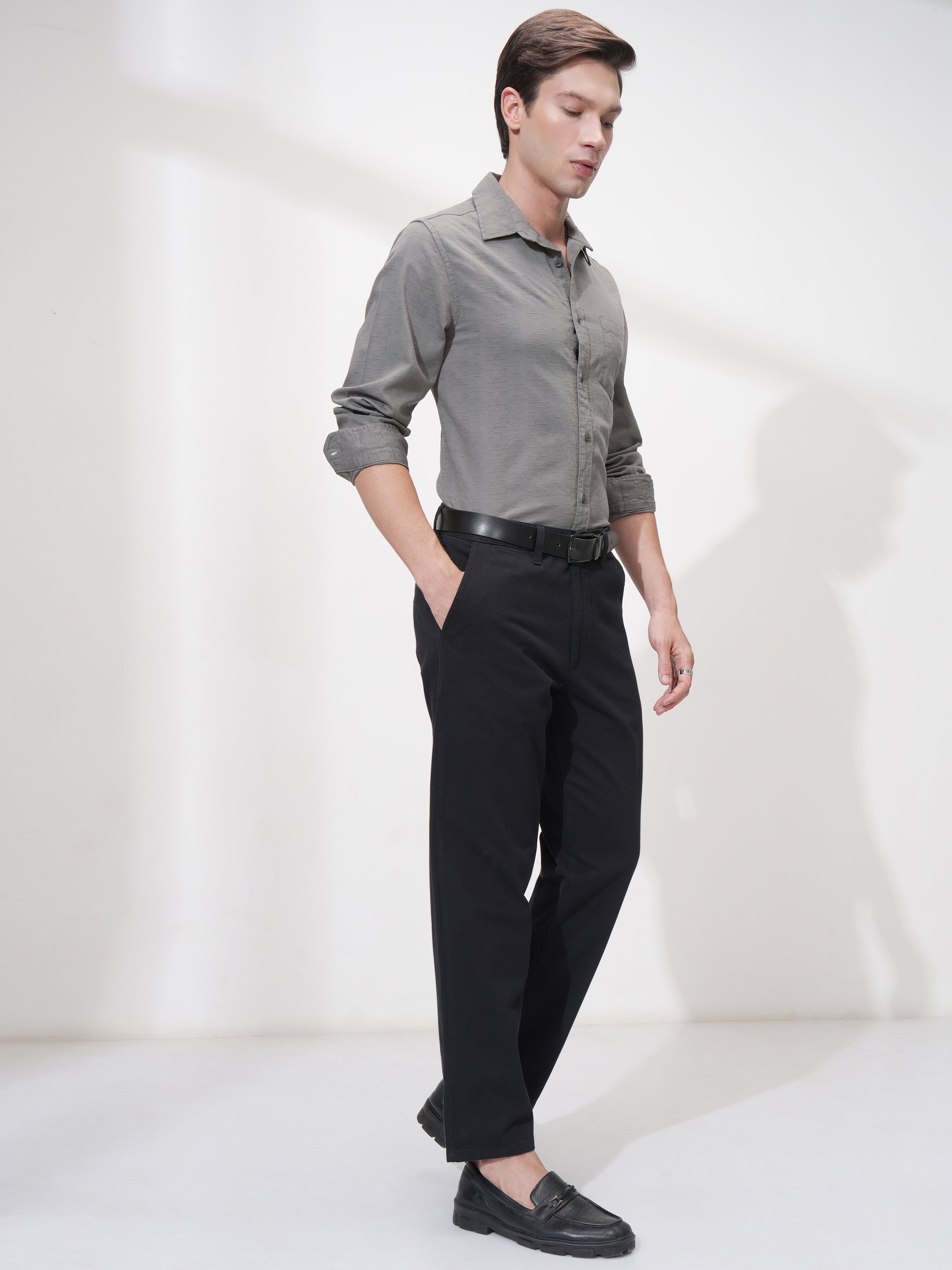 Highlander Men Grey Self Design Slim Fit Casual Shirt - Grey - Image 2