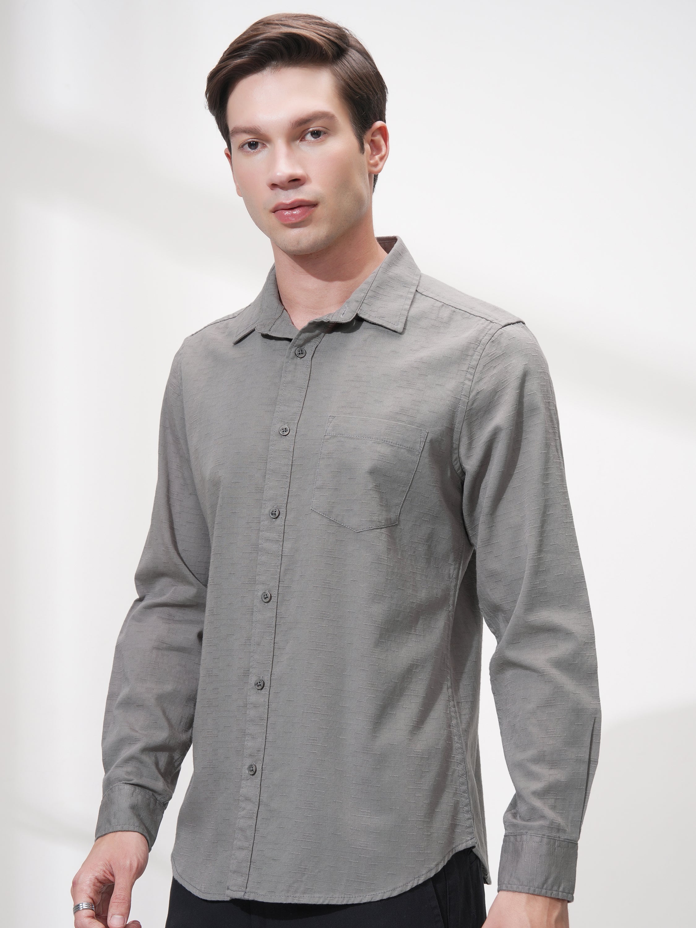 Highlander Men Grey Self Design Slim Fit Casual Shirt - Grey - Image 4