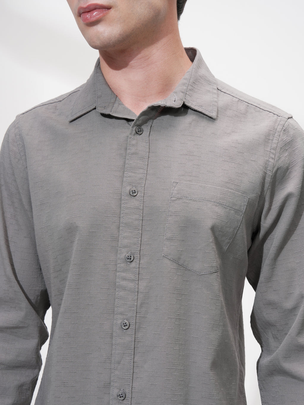 Highlander Men Grey Self Design Slim Fit Casual Shirt - Grey - Image 5