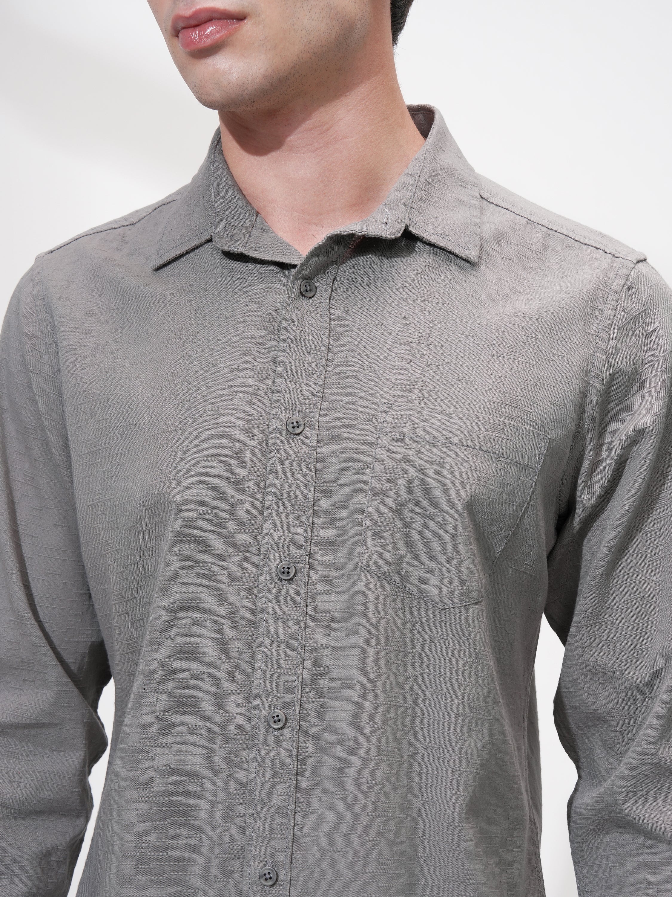 Highlander Men Grey Self Design Slim Fit Casual Shirt - Grey - Image 5