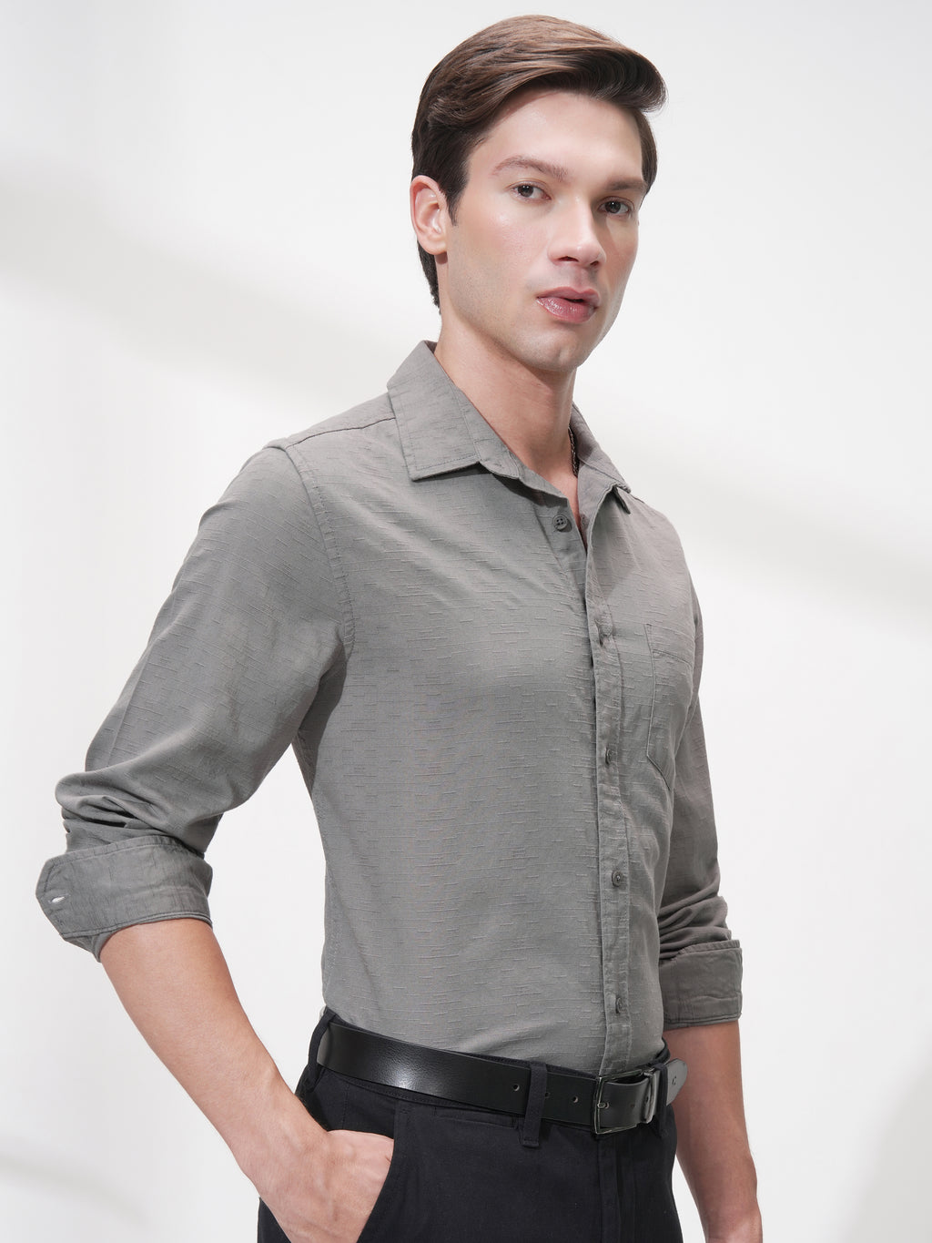 Highlander Men Grey Self Design Slim Fit Casual Shirt - Grey - Image 6