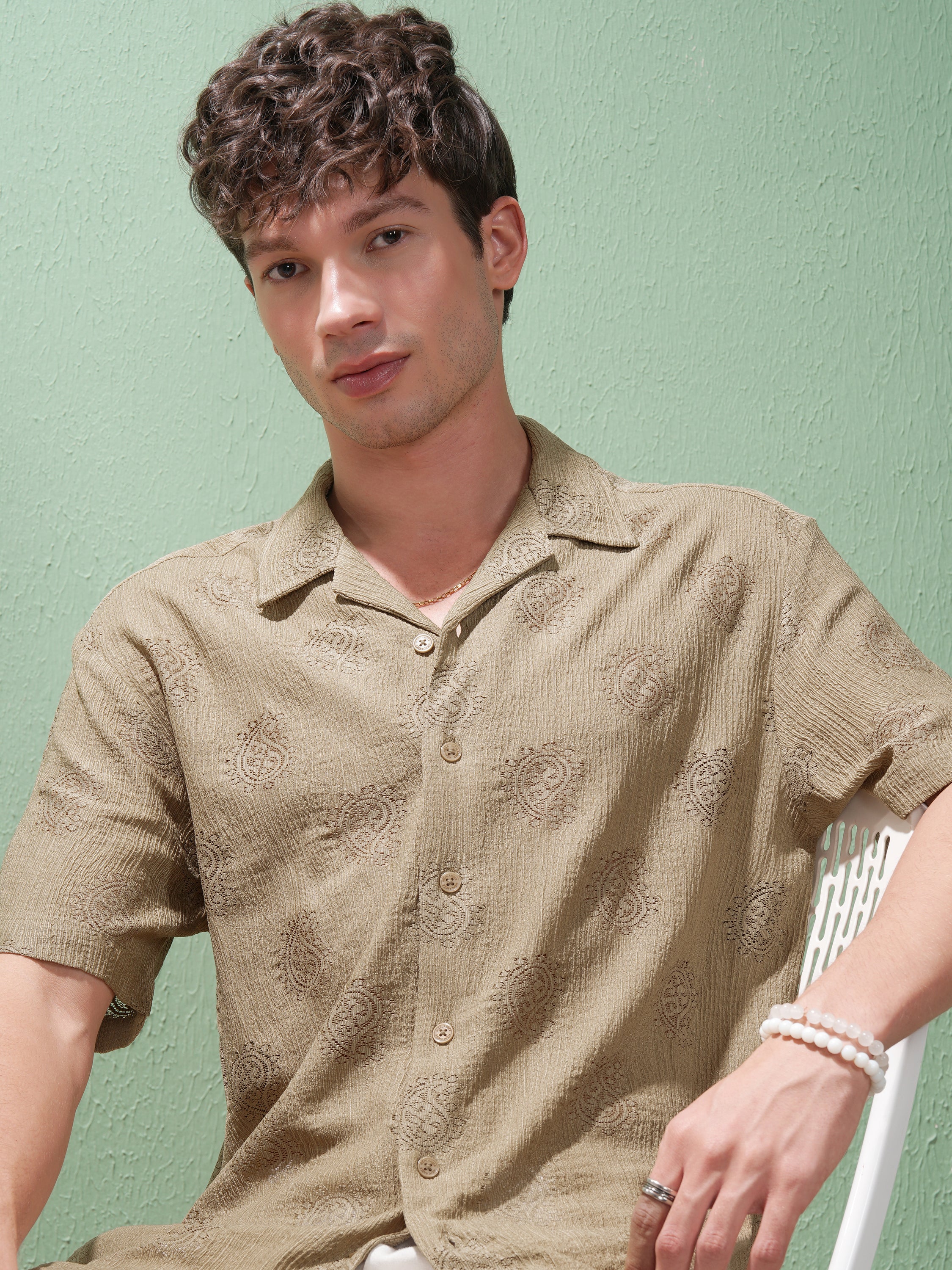 Highlander Men Khaki Printed Relaxed Fit Casual Shirt - Khaki - Image 1