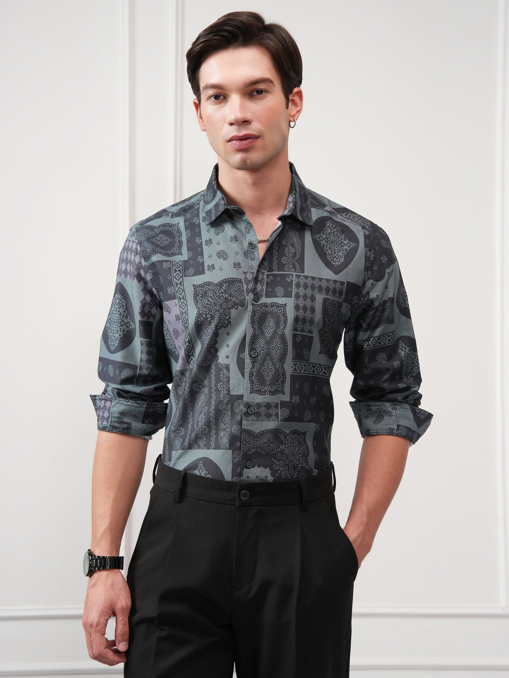 Highlander Men Black Printed Slim Fit Casual Shirt - Black - Image 1