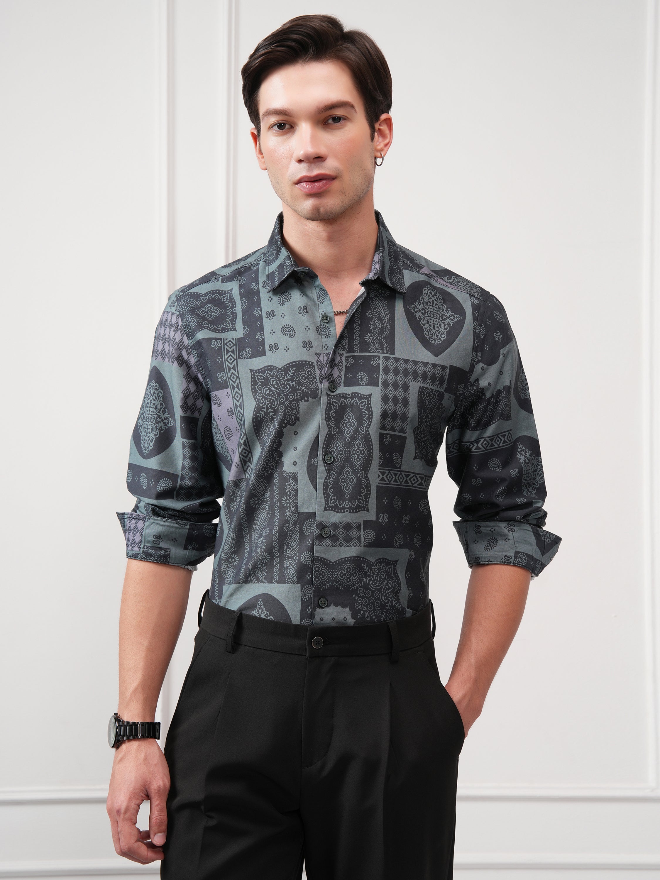Highlander Men Black Printed Slim Fit Casual Shirt - Black - Image 1