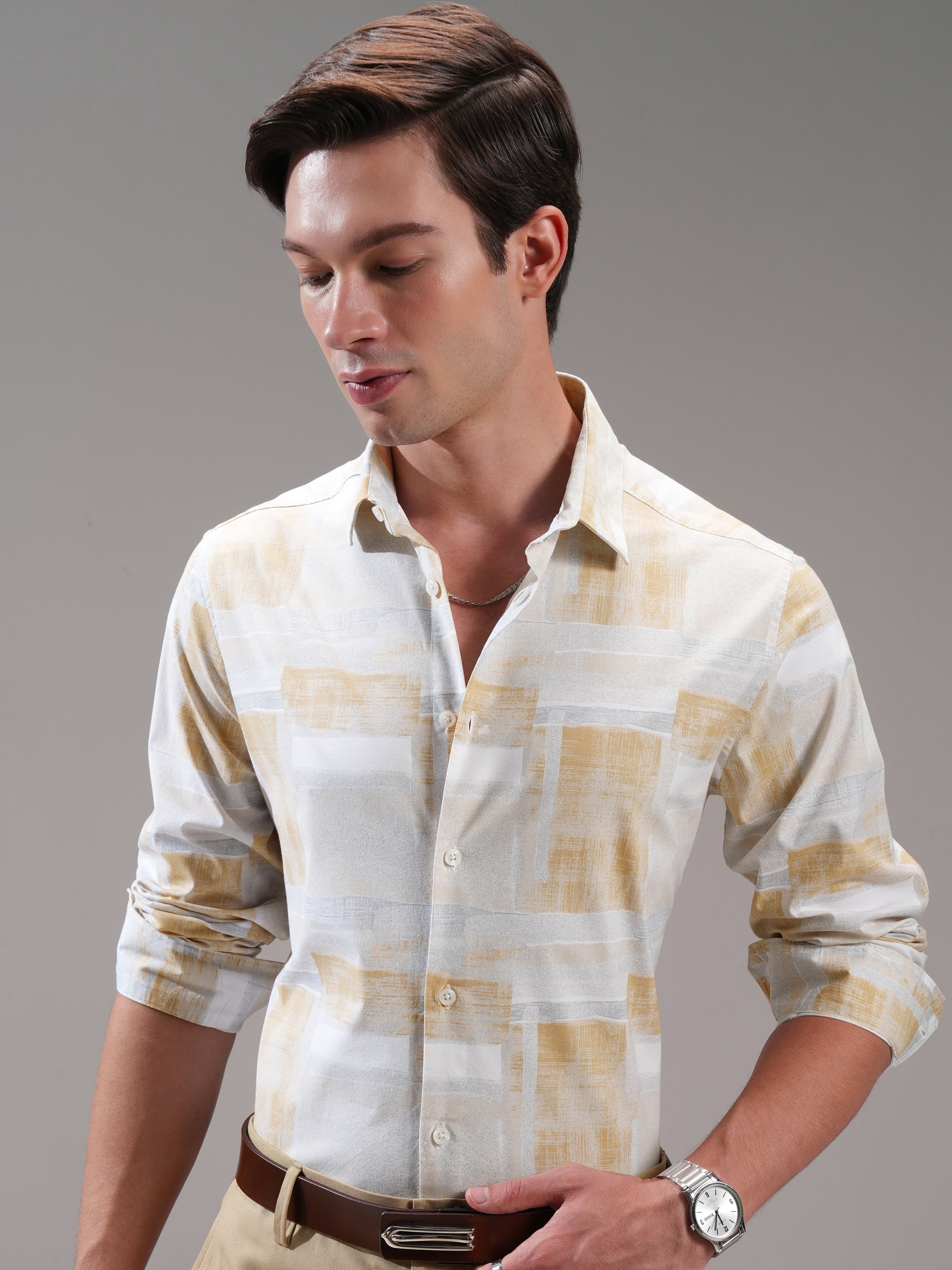 Highlander Men Beige Printed Slim Fit Casual Shirt - Beige - Image 1
