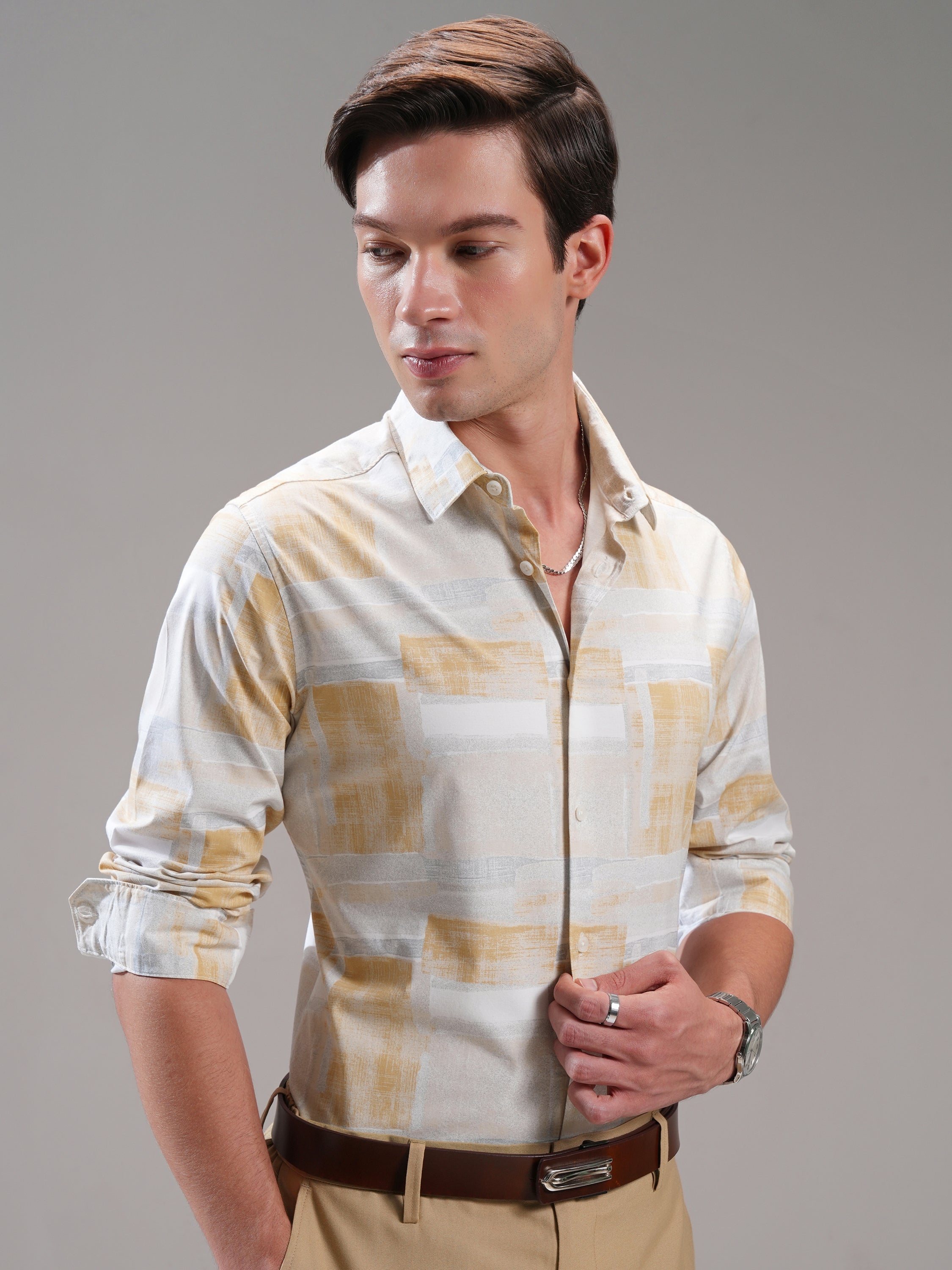 Highlander Men Beige Printed Slim Fit Casual Shirt - Beige - Image 6
