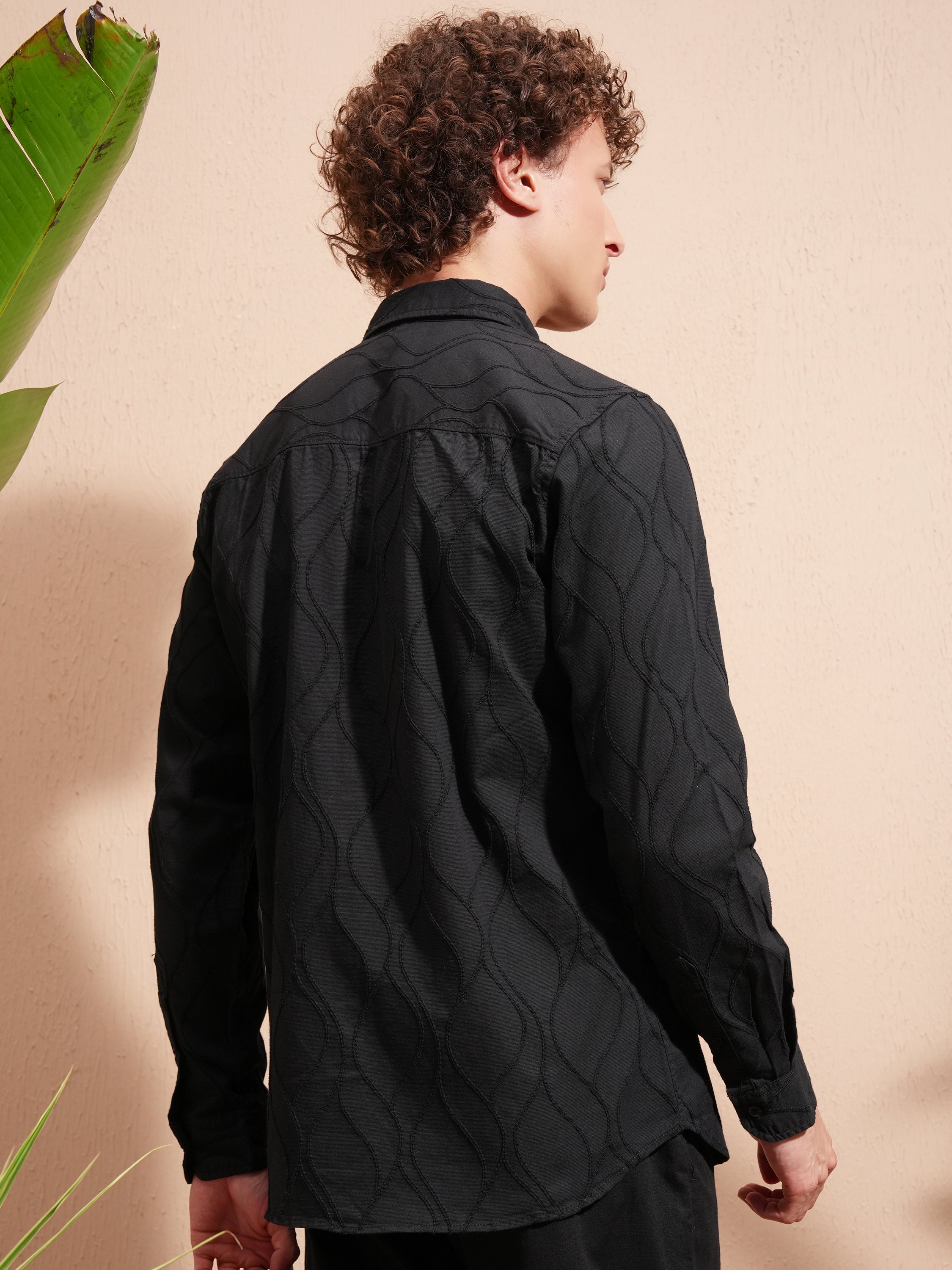 Highlander Men Black Self Design Slim Fit Casual Shirt - Black - Image 3