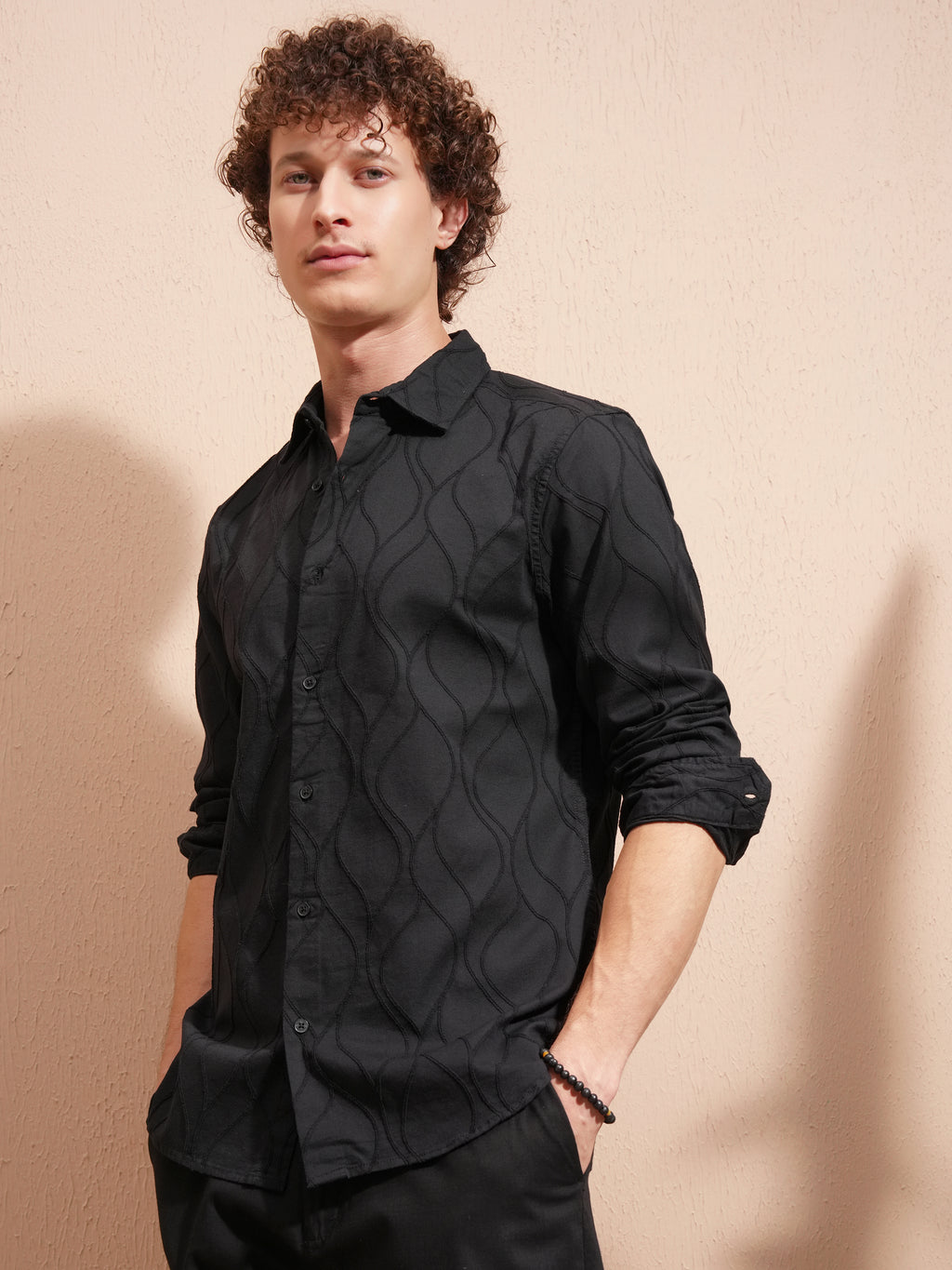 Highlander Men Black Self Design Slim Fit Casual Shirt - Black - Image 4