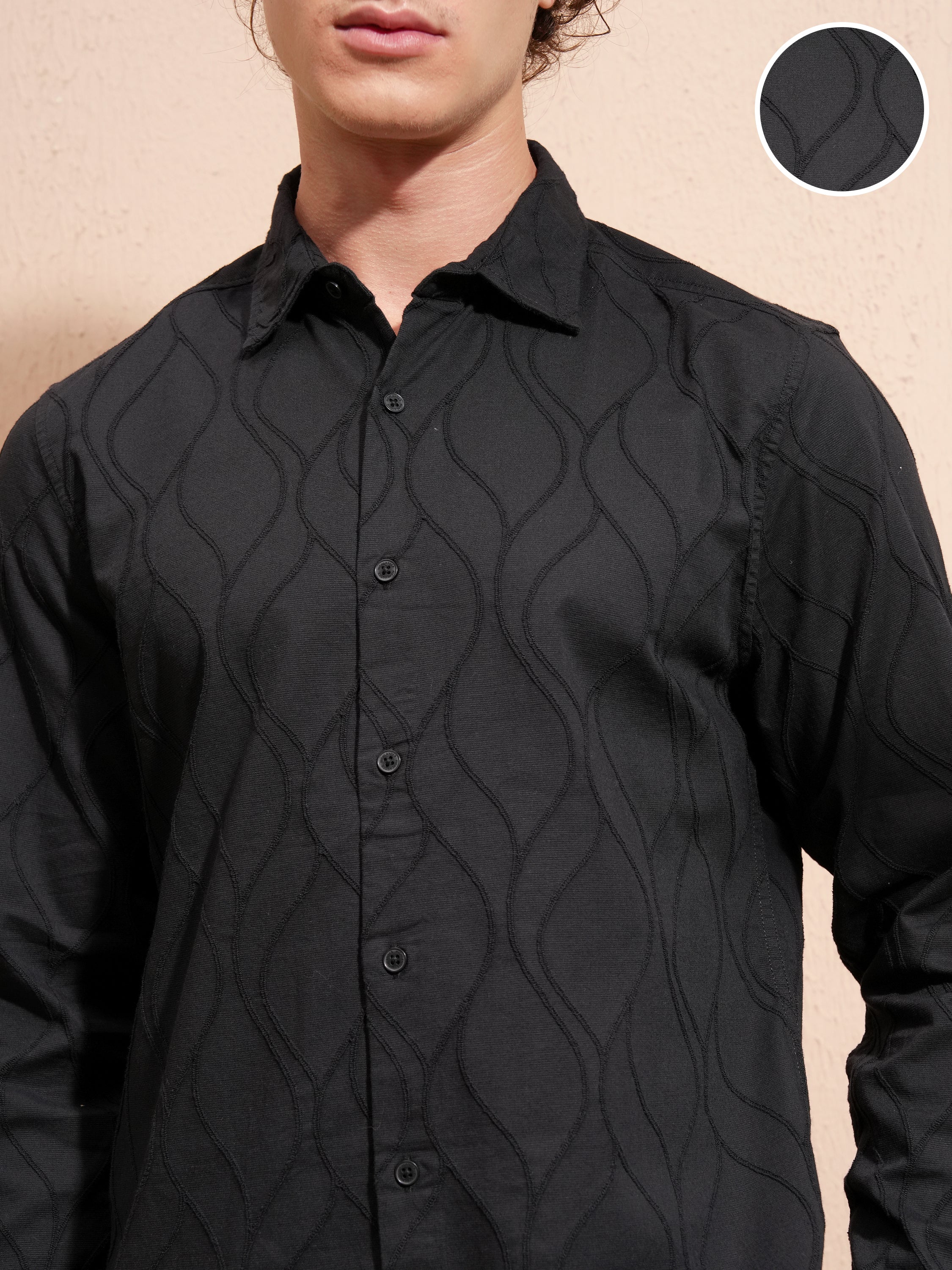 Highlander Men Black Self Design Slim Fit Casual Shirt - Black - Image 5