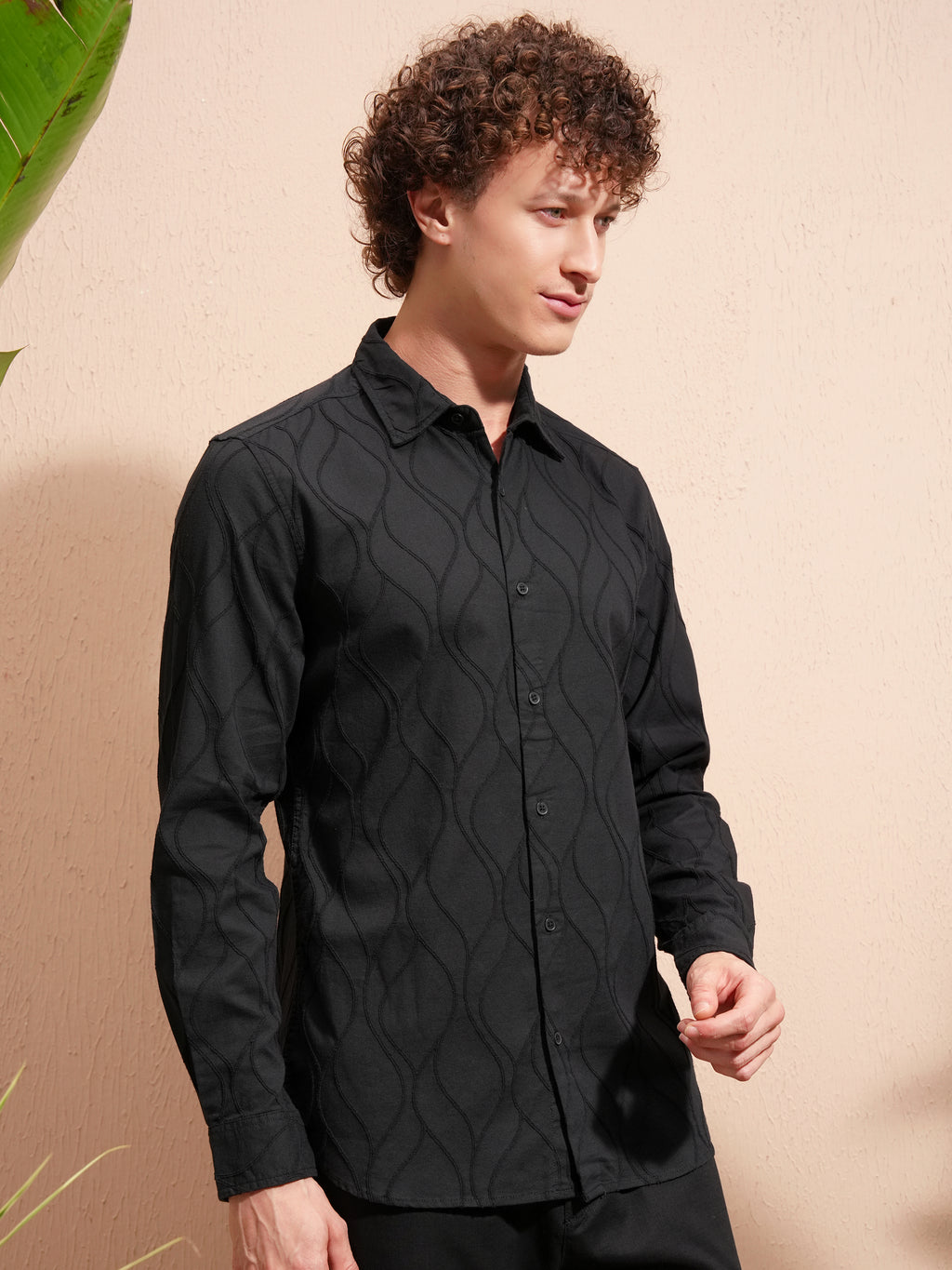 Highlander Men Black Self Design Slim Fit Casual Shirt - Black - Image 6