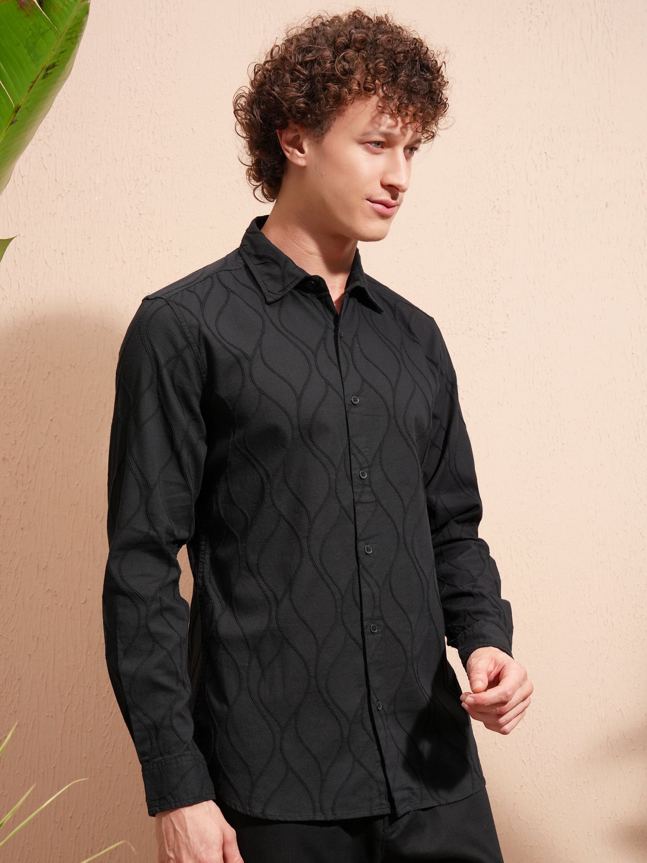 Highlander Men Black Self Design Slim Fit Casual Shirt - Black - Image 6