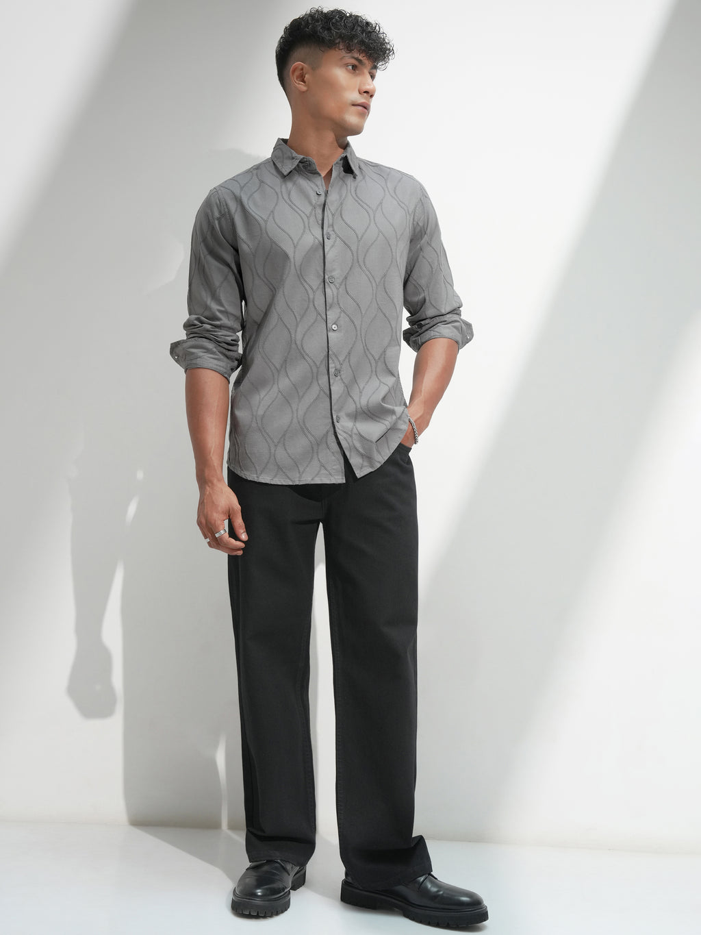 Highlander Men Grey Self Design Slim Fit Casual Shirt - Grey - Image 2