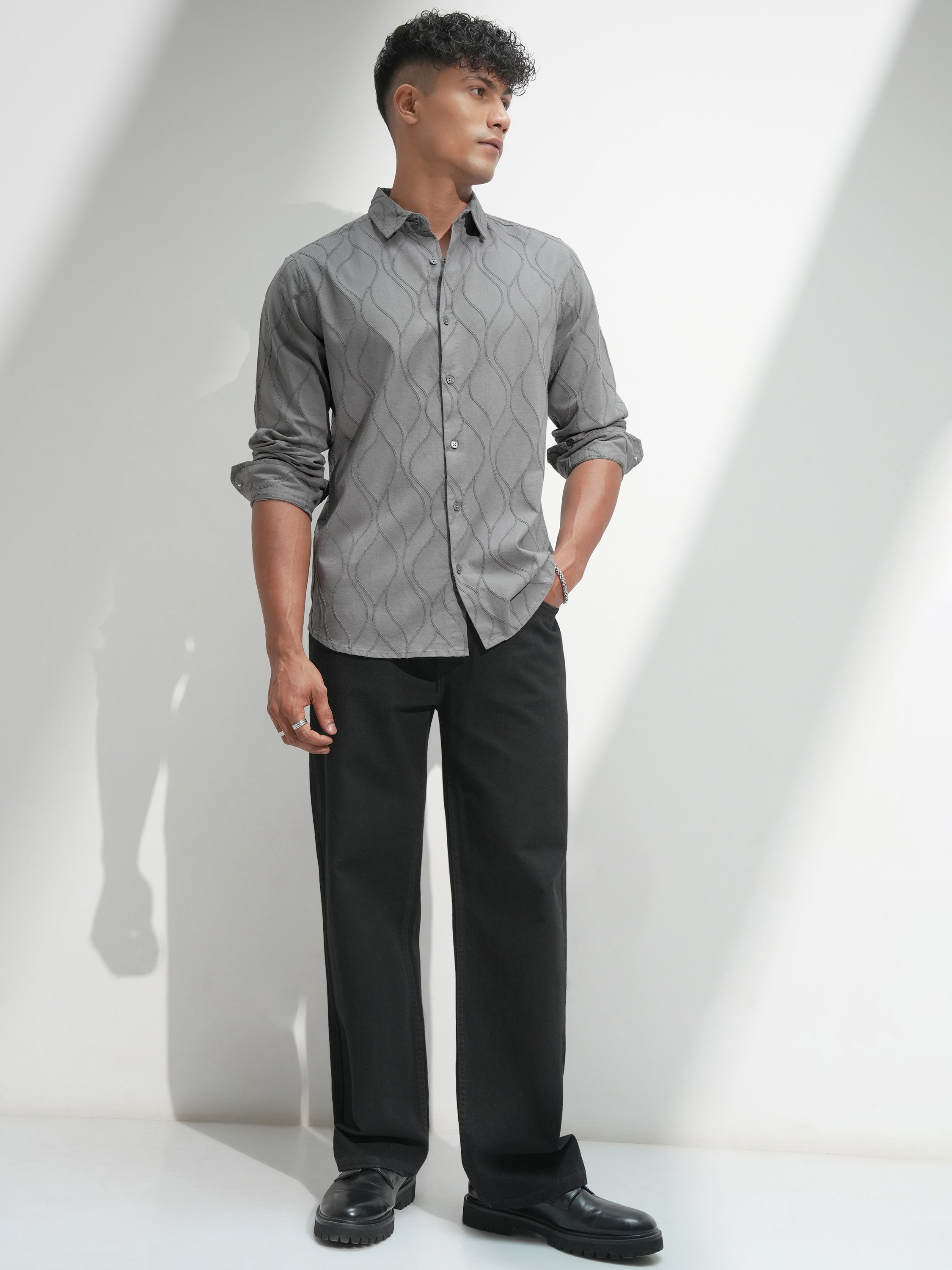 Highlander Men Grey Self Design Slim Fit Casual Shirt - Grey - Image 2