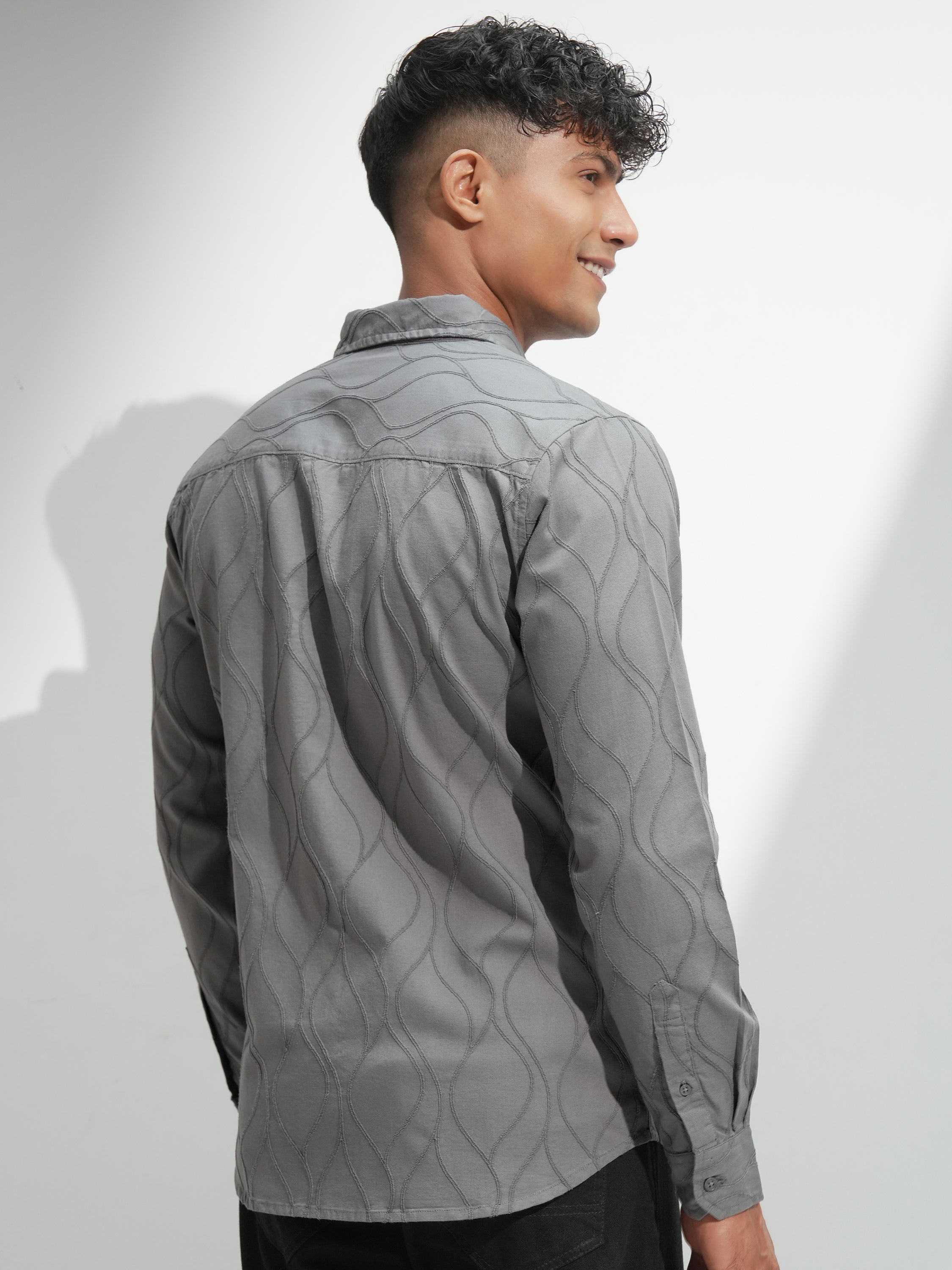 Highlander Men Grey Self Design Slim Fit Casual Shirt - Grey - Image 3