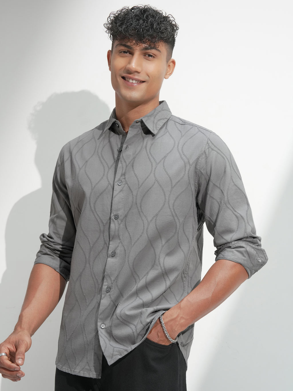 Highlander Men Grey Self Design Slim Fit Casual Shirt - Grey - Image 4