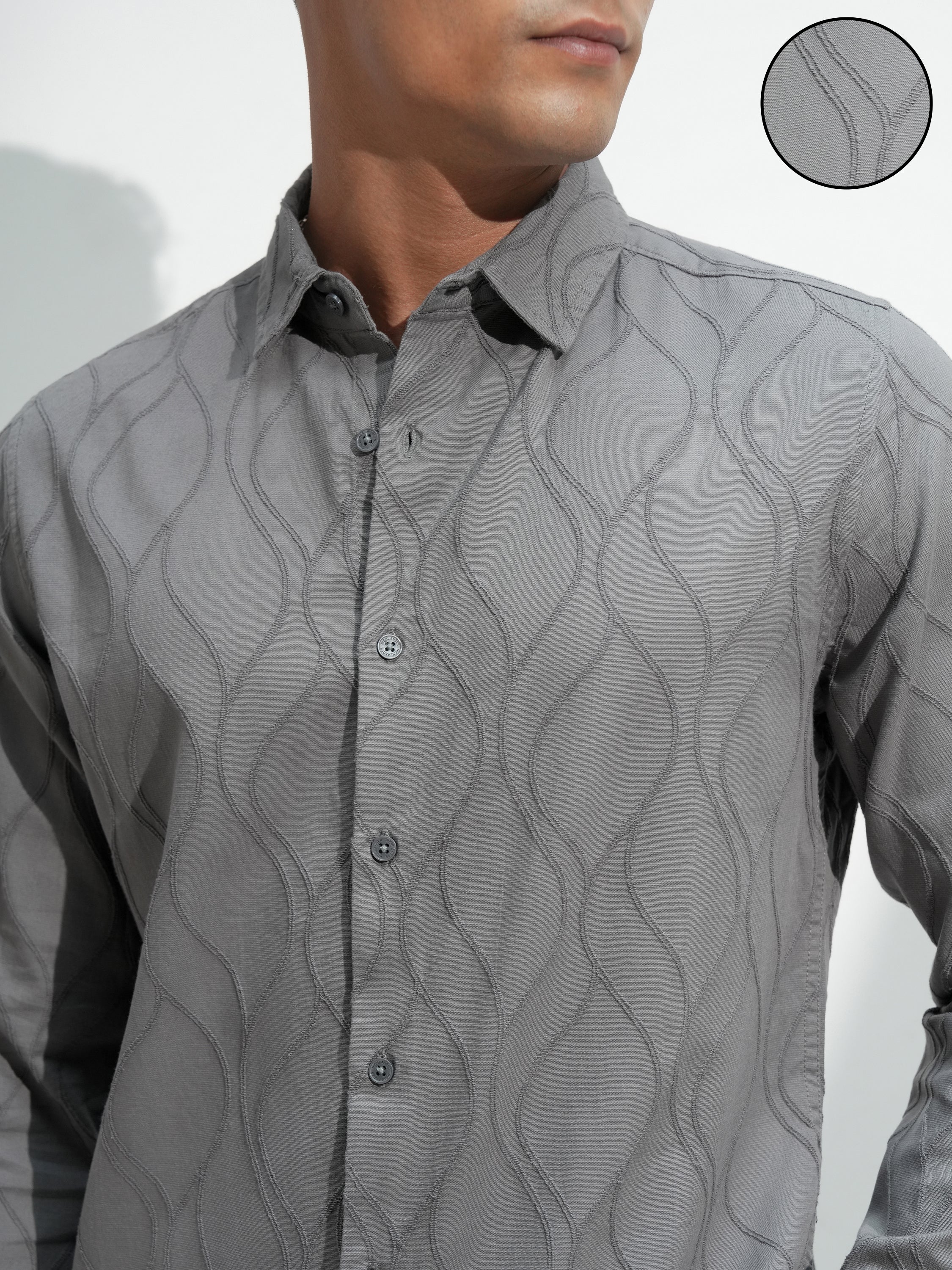 Highlander Men Grey Self Design Slim Fit Casual Shirt - Grey - Image 5