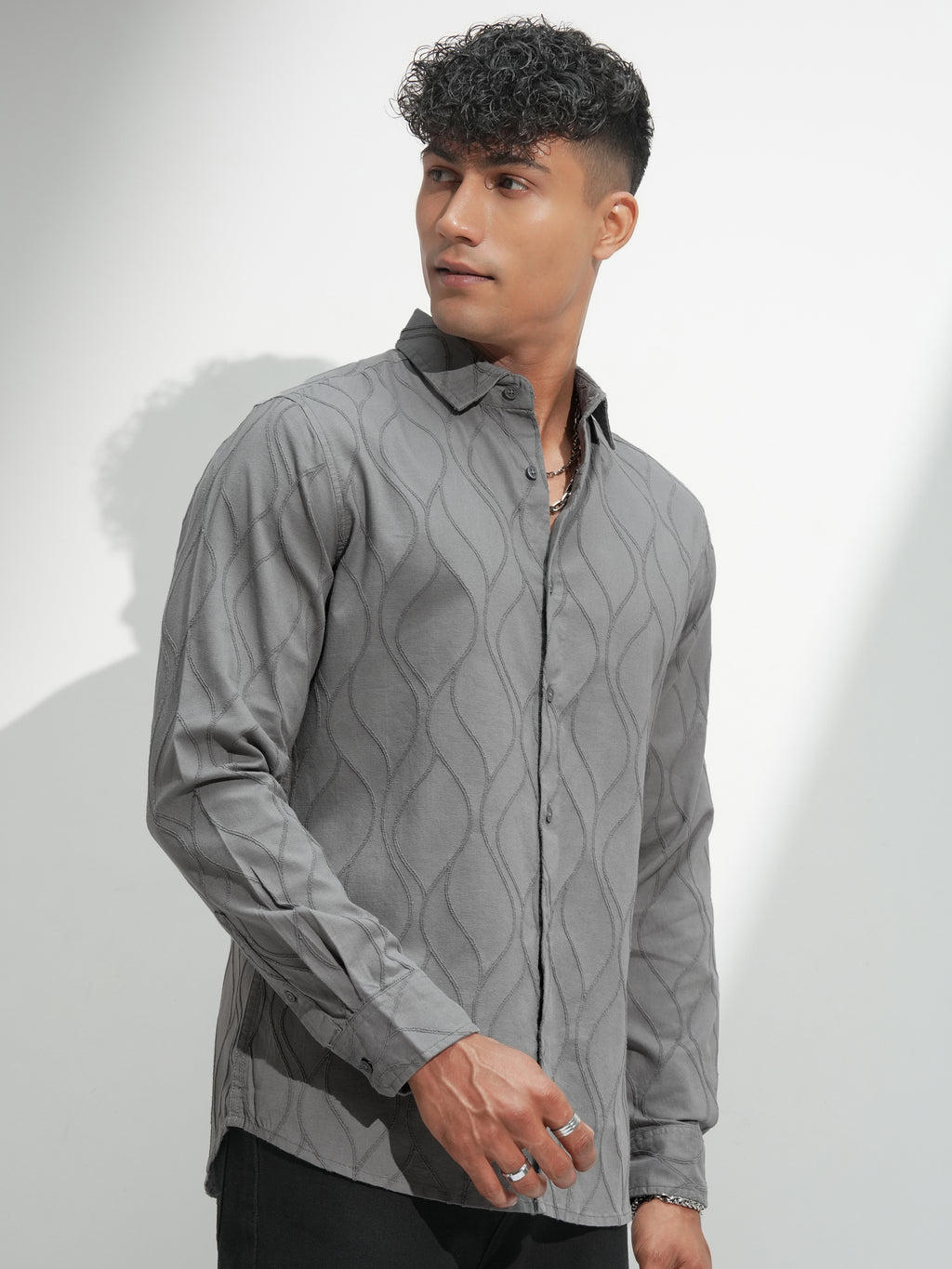 Highlander Men Grey Self Design Slim Fit Casual Shirt - Grey - Image 6