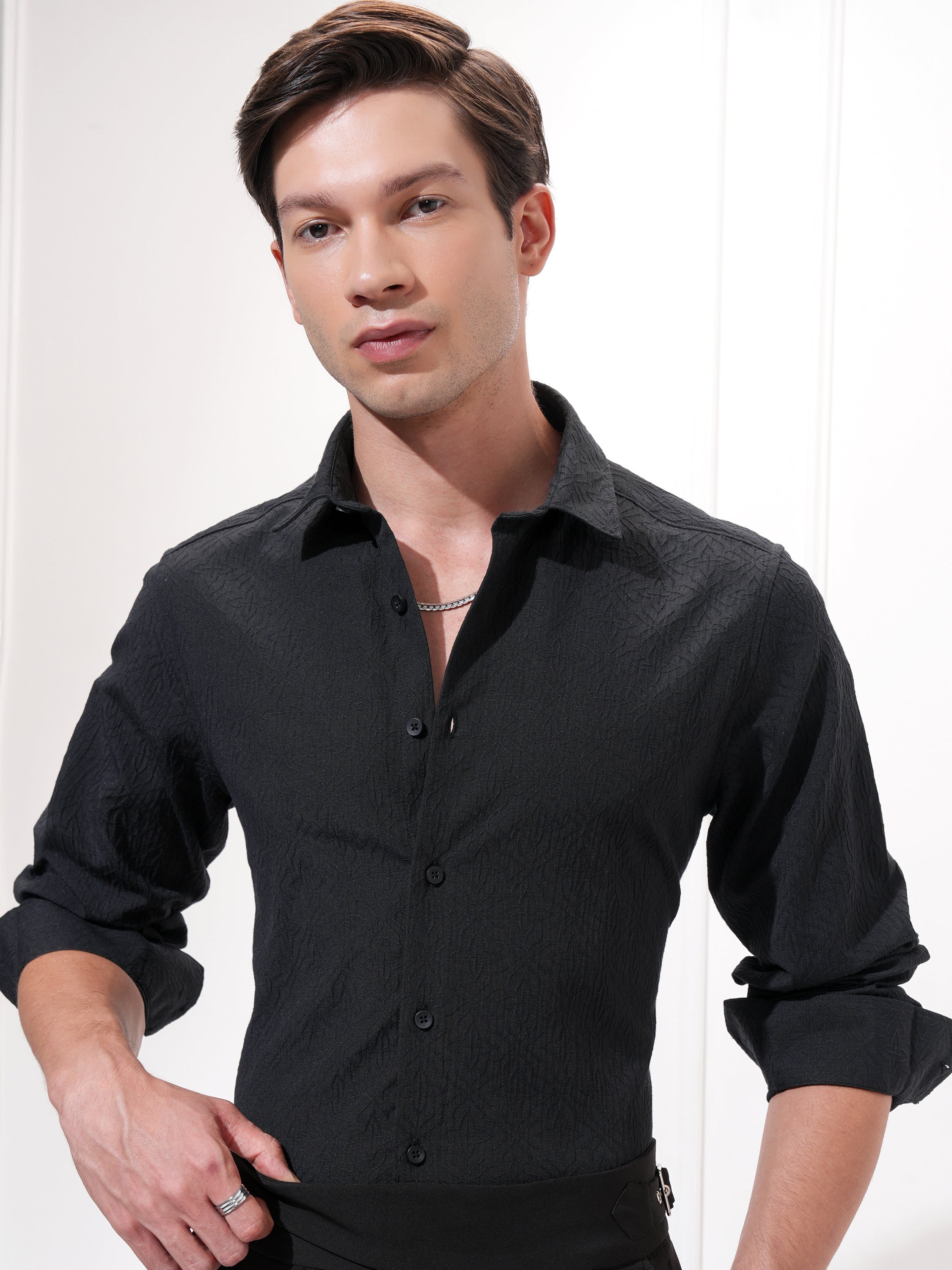 Highlander Men Black Self Design Slim Fit Casual Shirt - Black - Image 1