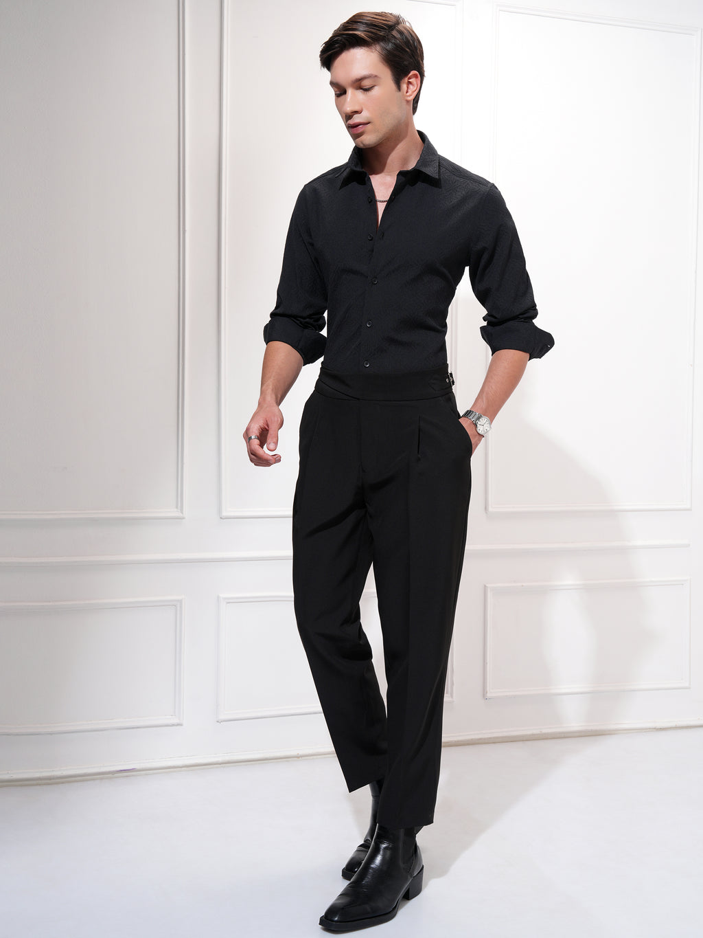 Highlander Men Black Self Design Slim Fit Casual Shirt - Black - Image 2
