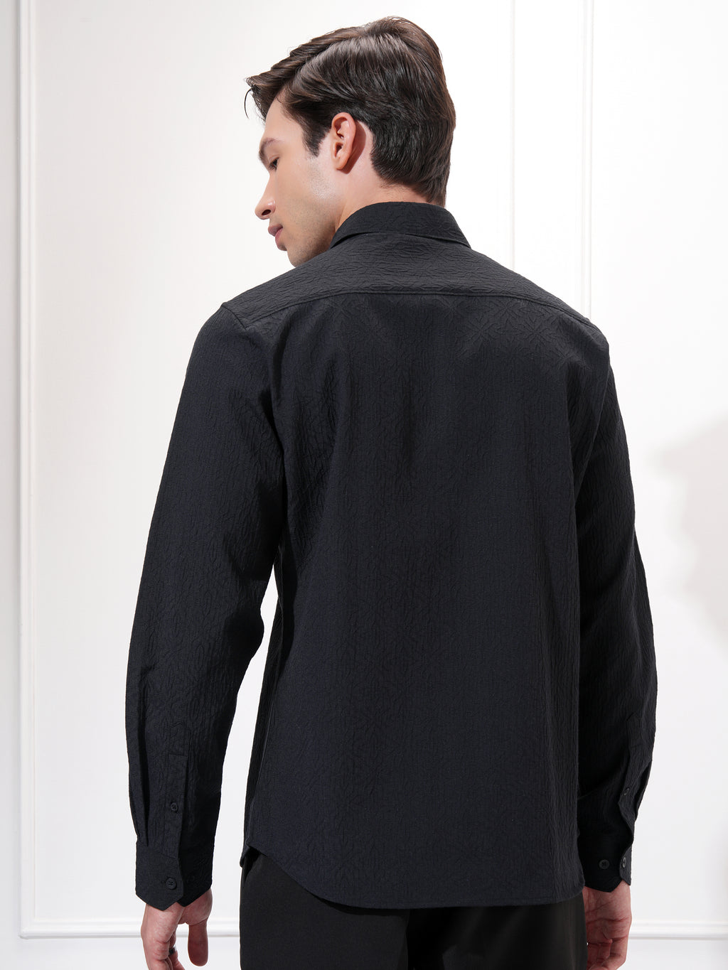 Highlander Men Black Self Design Slim Fit Casual Shirt - Black - Image 3