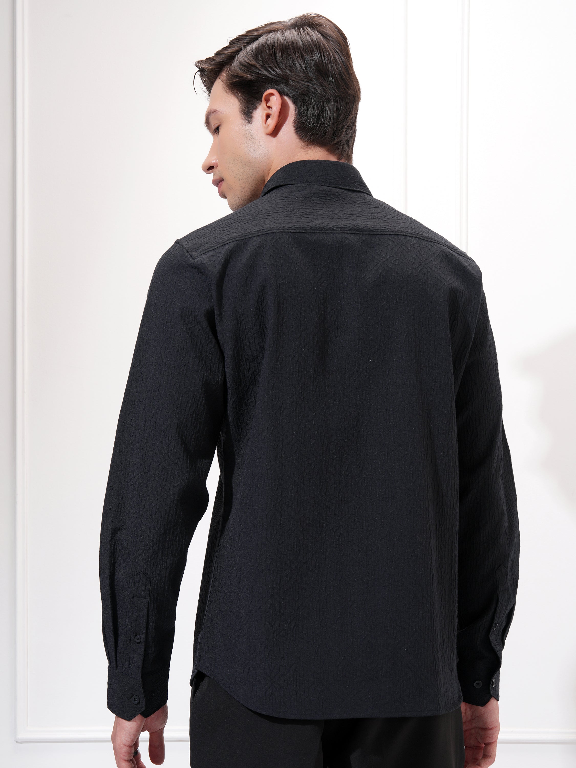 Highlander Men Black Self Design Slim Fit Casual Shirt - Black - Image 3