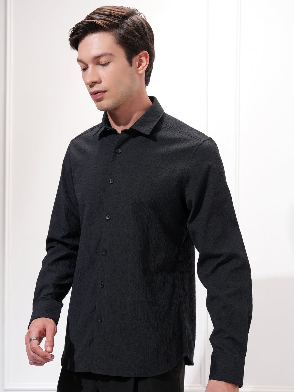 Highlander Men Black Self Design Slim Fit Casual Shirt - Black - Image 4
