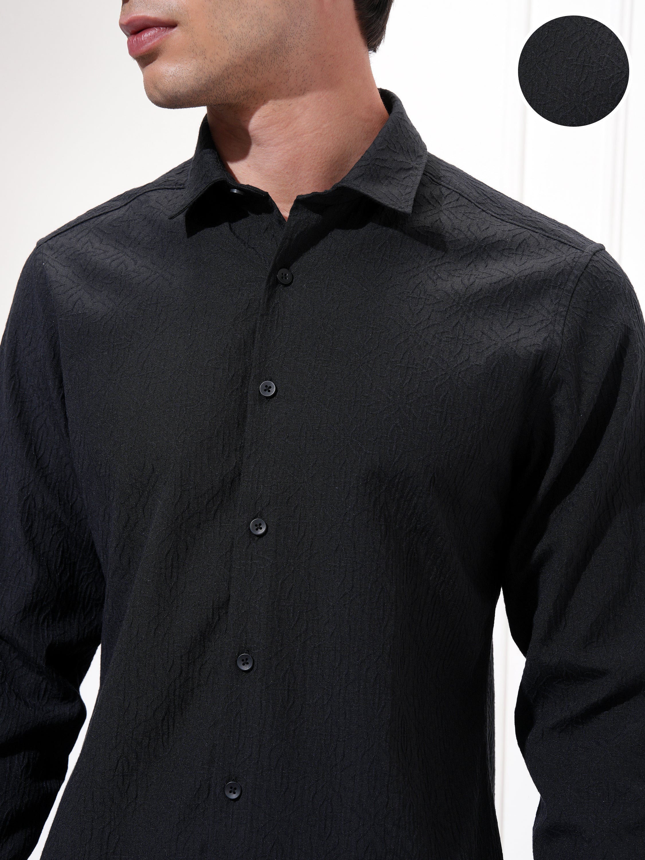 Highlander Men Black Self Design Slim Fit Casual Shirt - Black - Image 5